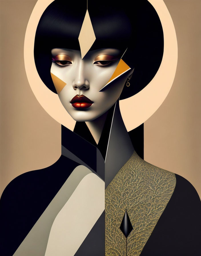 Geometric monochromatic woman portrait with gold accents and halo background.