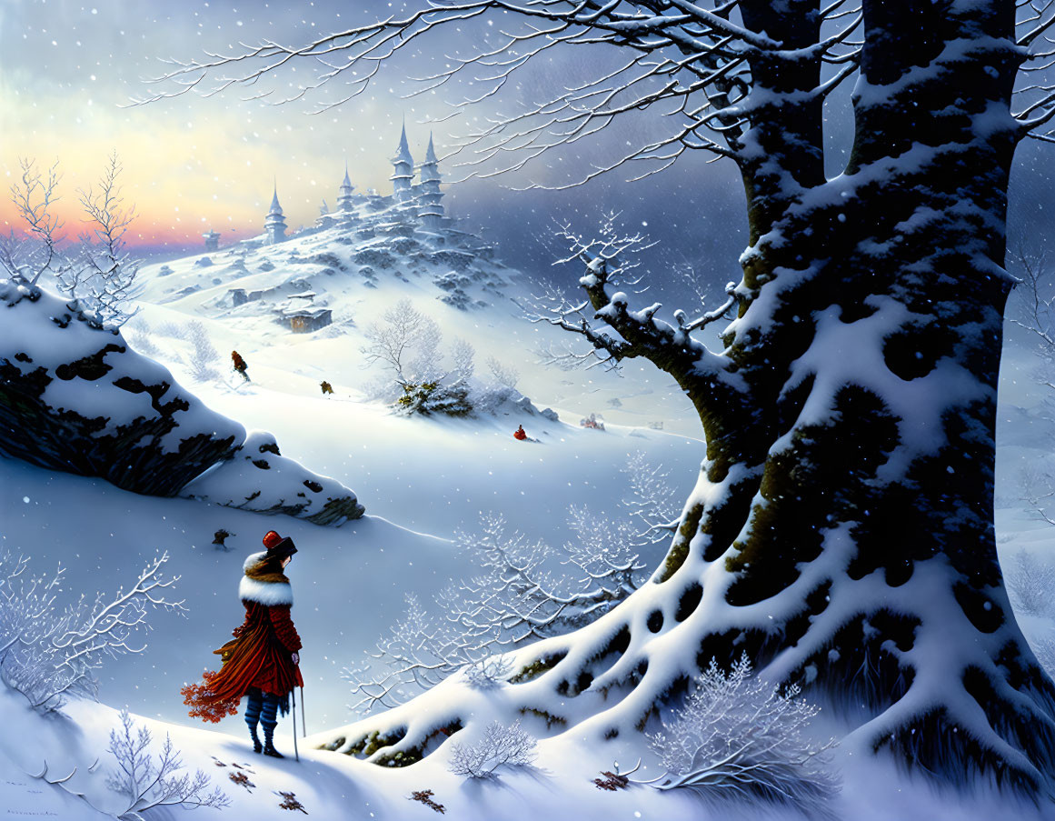 Person in red cloak gazes at distant castle in wintry landscape