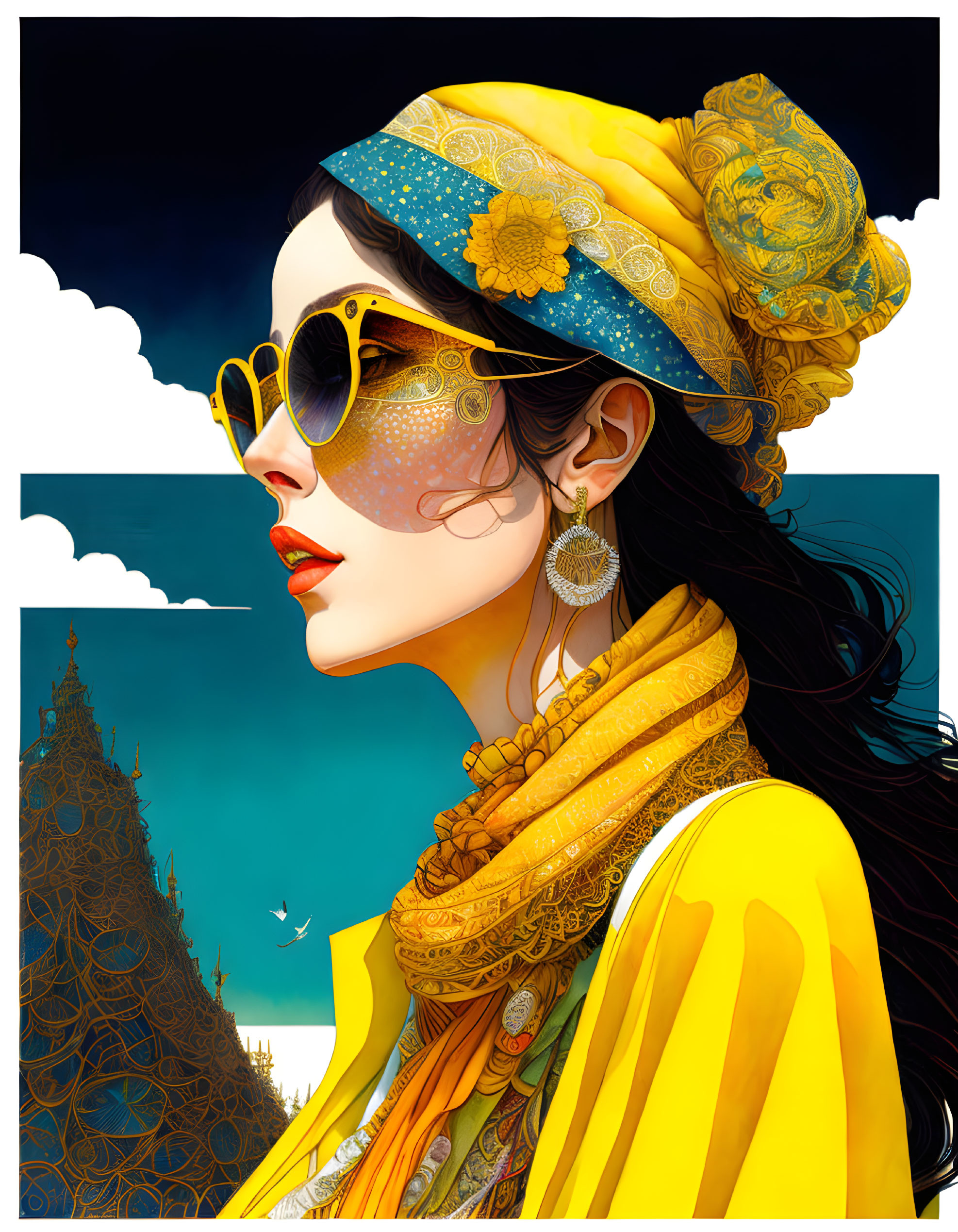 Detailed illustration of woman in sunglasses and headscarf with tower silhouette