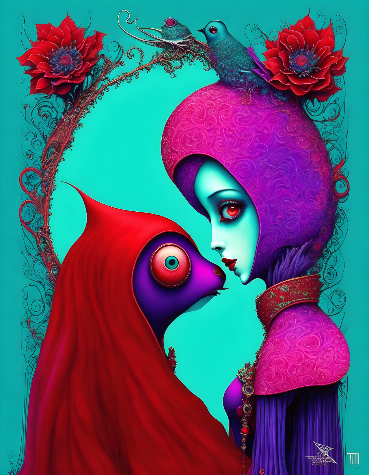 Stylized illustration of woman with blue skin, red cloaked figure, flowers, and bird