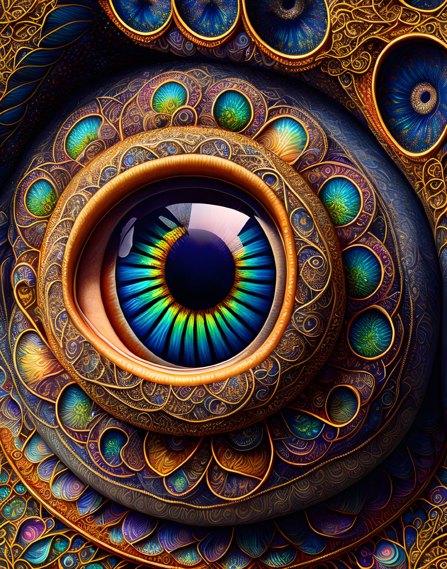 Intricate Digital Artwork: Ornate Eye with Peacock Feather Patterns