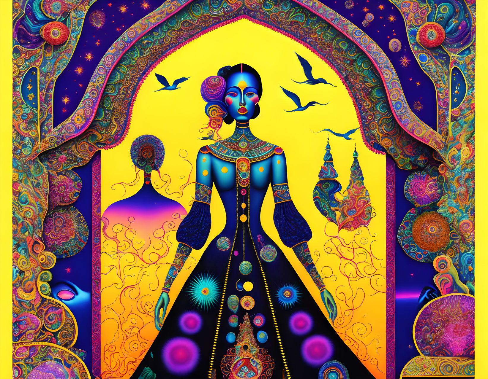 Colorful digital artwork: stylized woman in blue traditional costume on vibrant, psychedelic background.