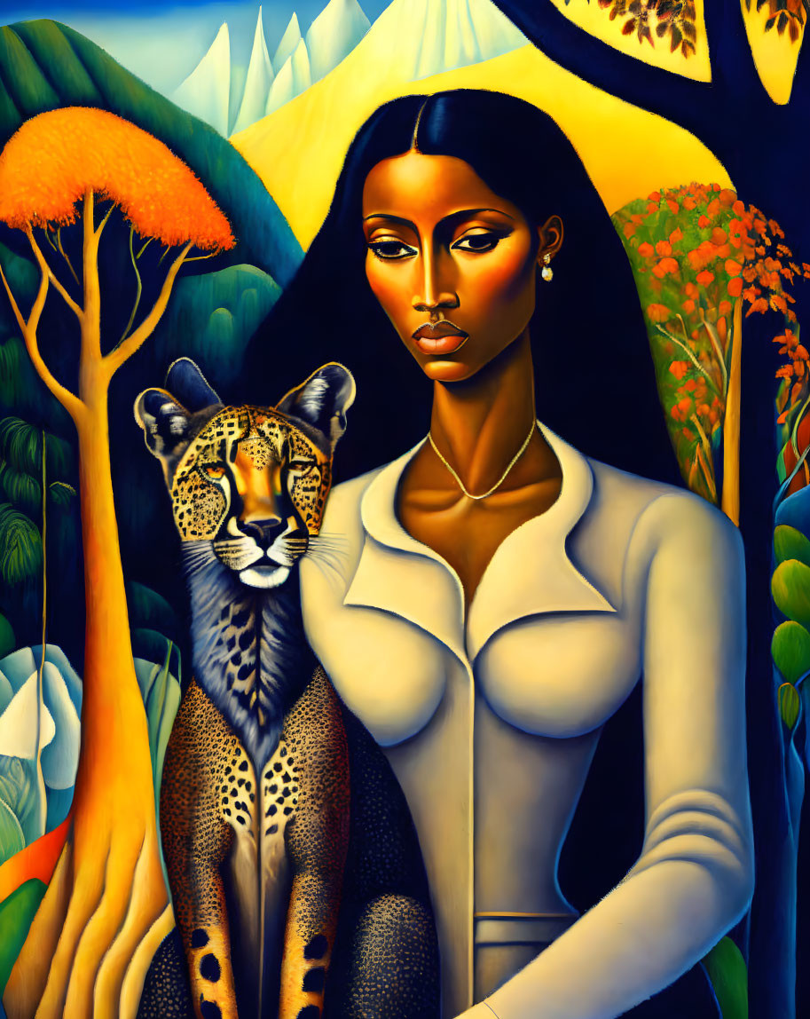 Stylized painting of confident woman with leopard in vibrant landscape