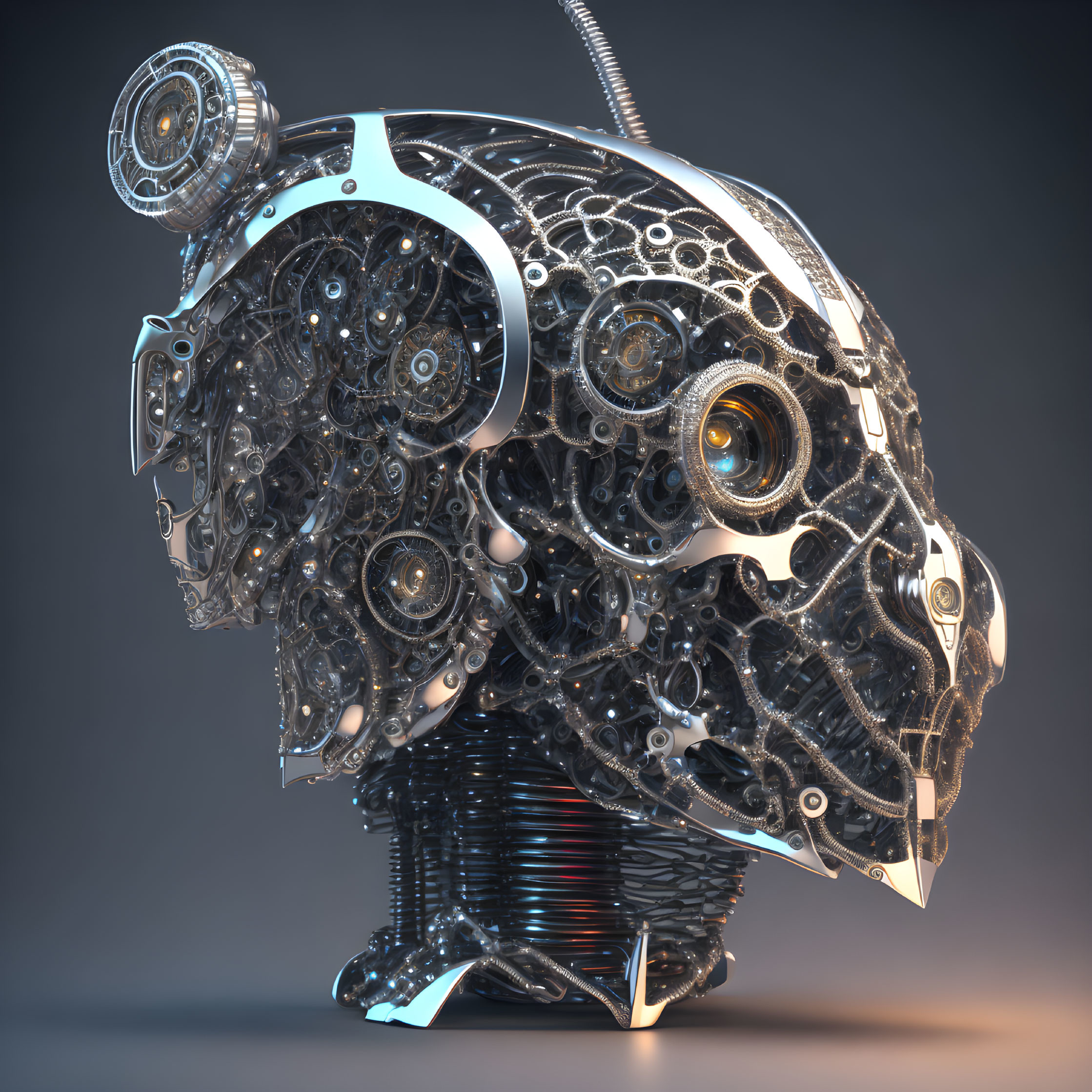 Detailed 3D render of mechanical head with gears and metallic components