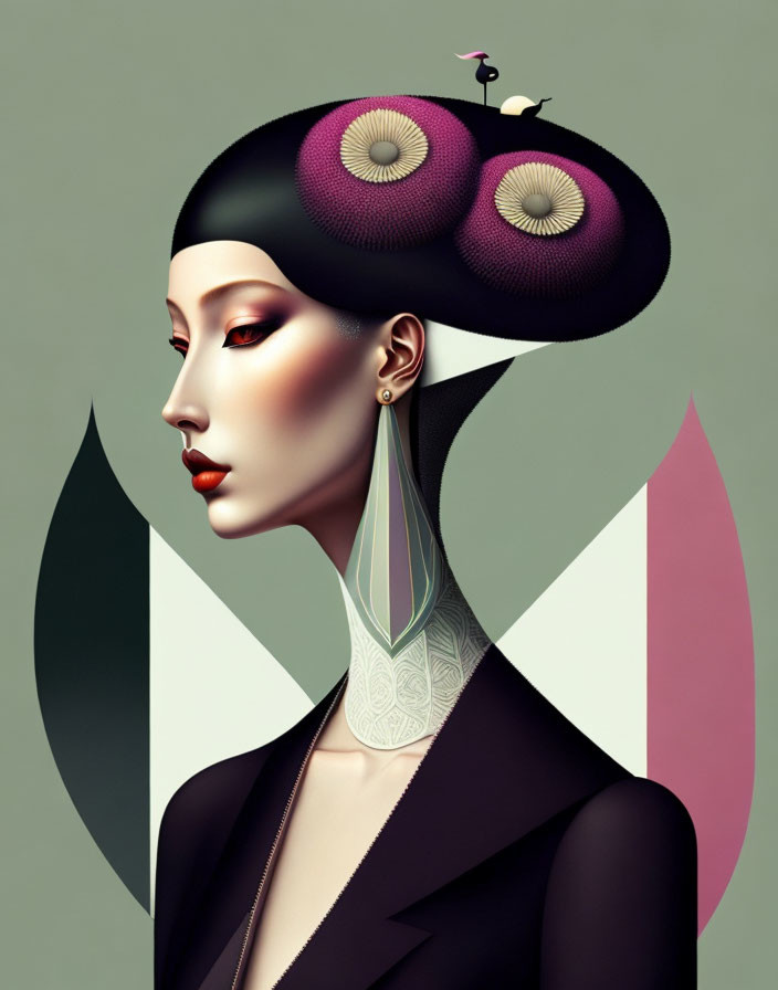 Illustration of woman with elongated neck, dramatic makeup, neck tattoo, surreal hat.