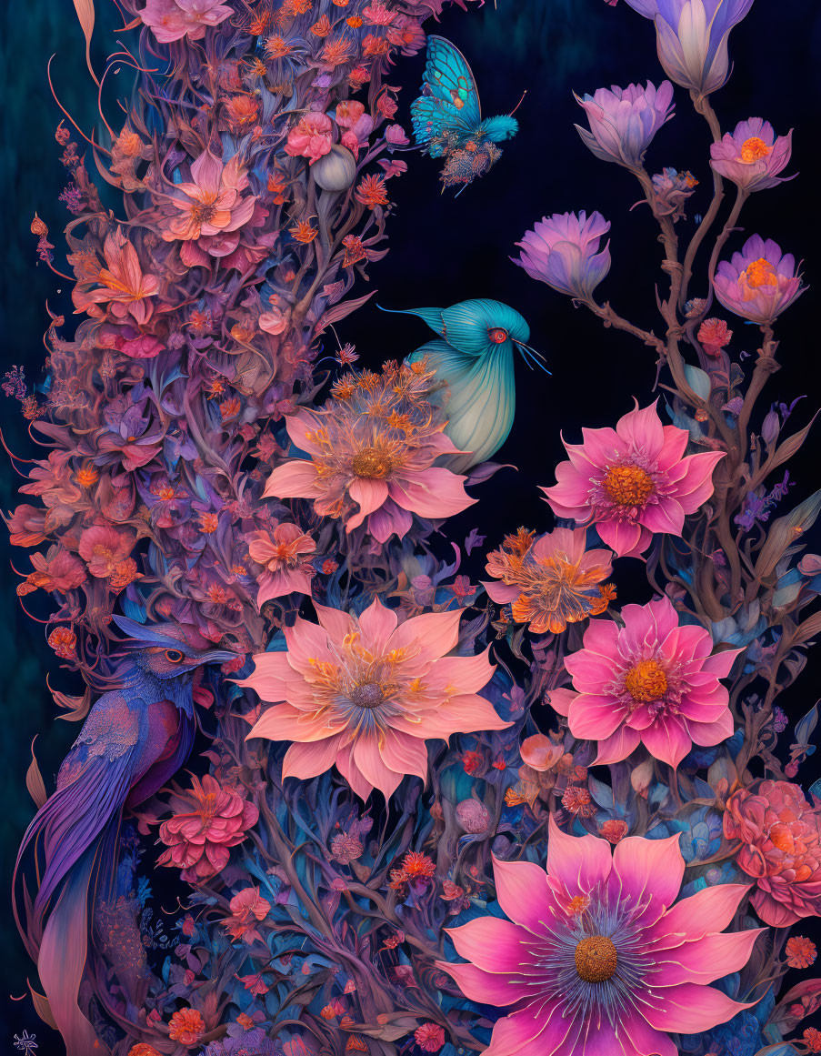 Colorful floral illustration with birds and butterfly on dark blue background