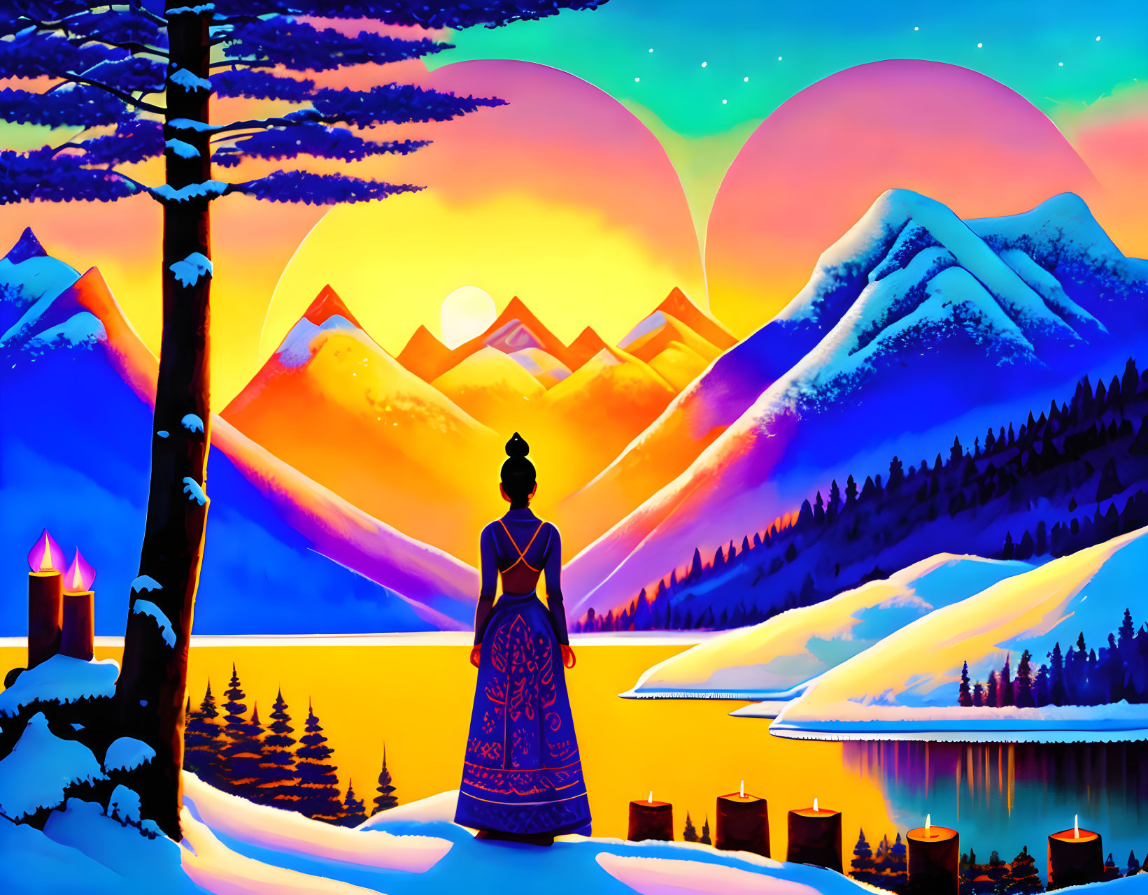 Woman in long dress admiring mountain sunset with heart-shaped auroras