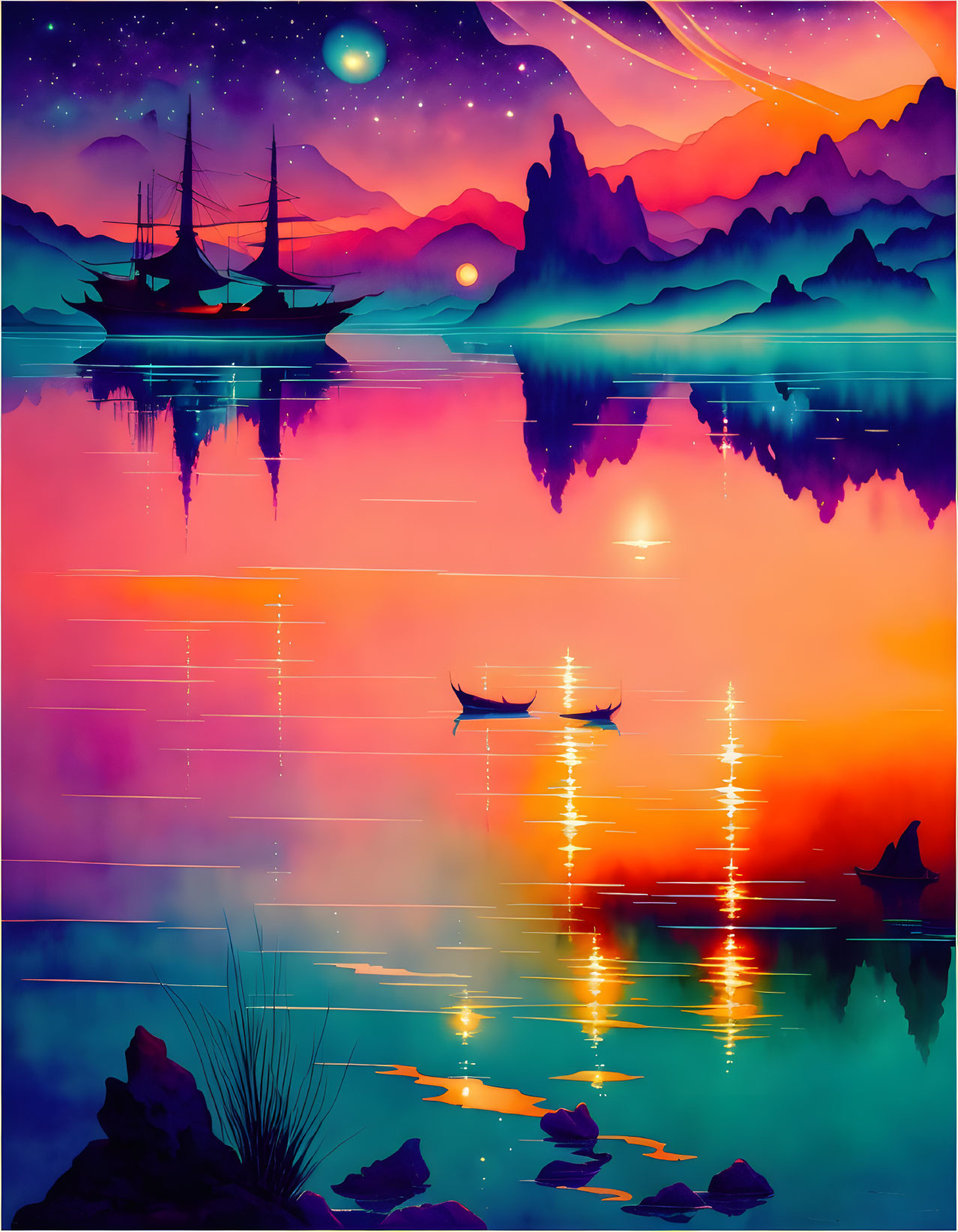 Serene lake sunset digital artwork with ships and mountains