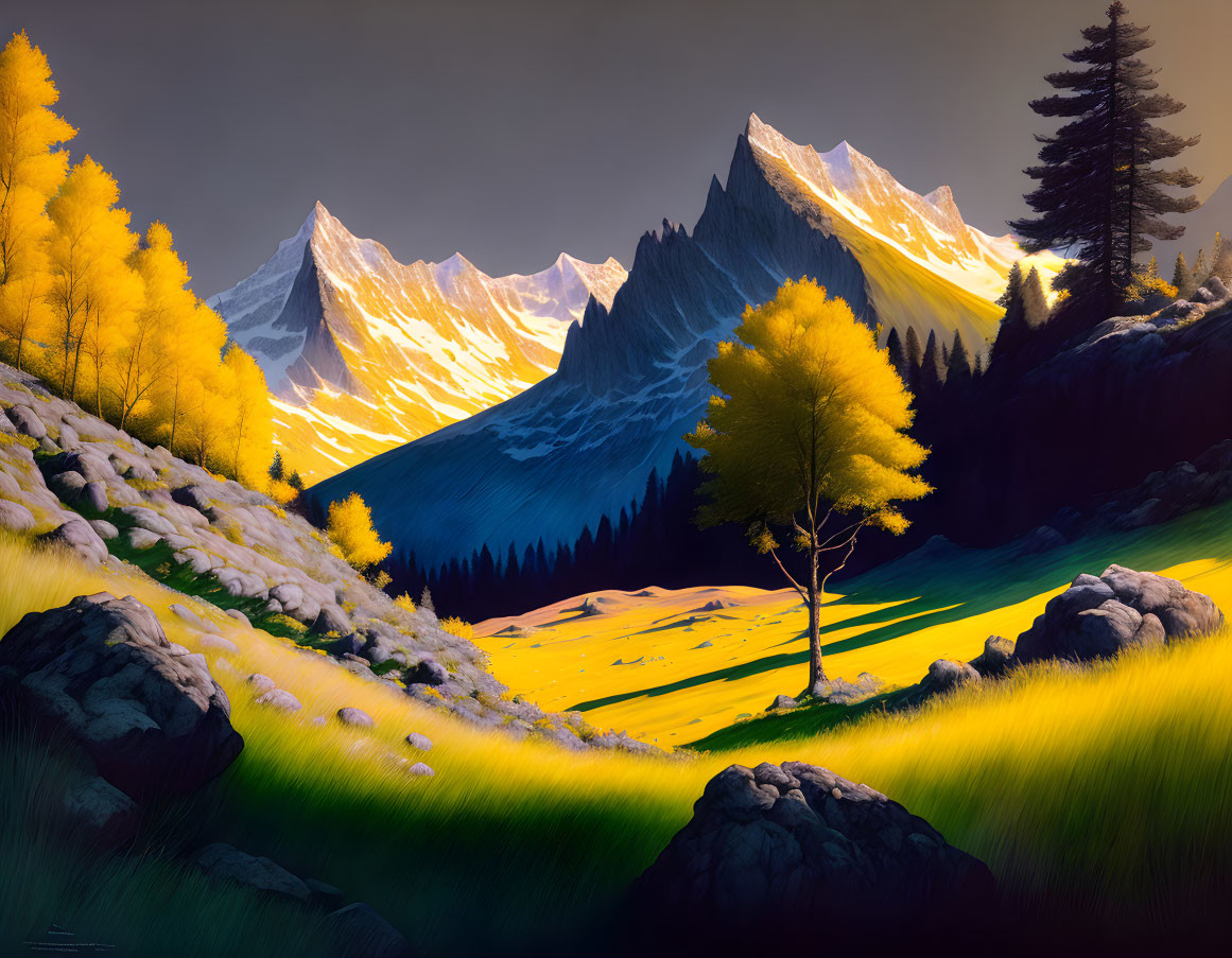 Sunlit Valley with Golden Trees and Snow-Capped Peaks