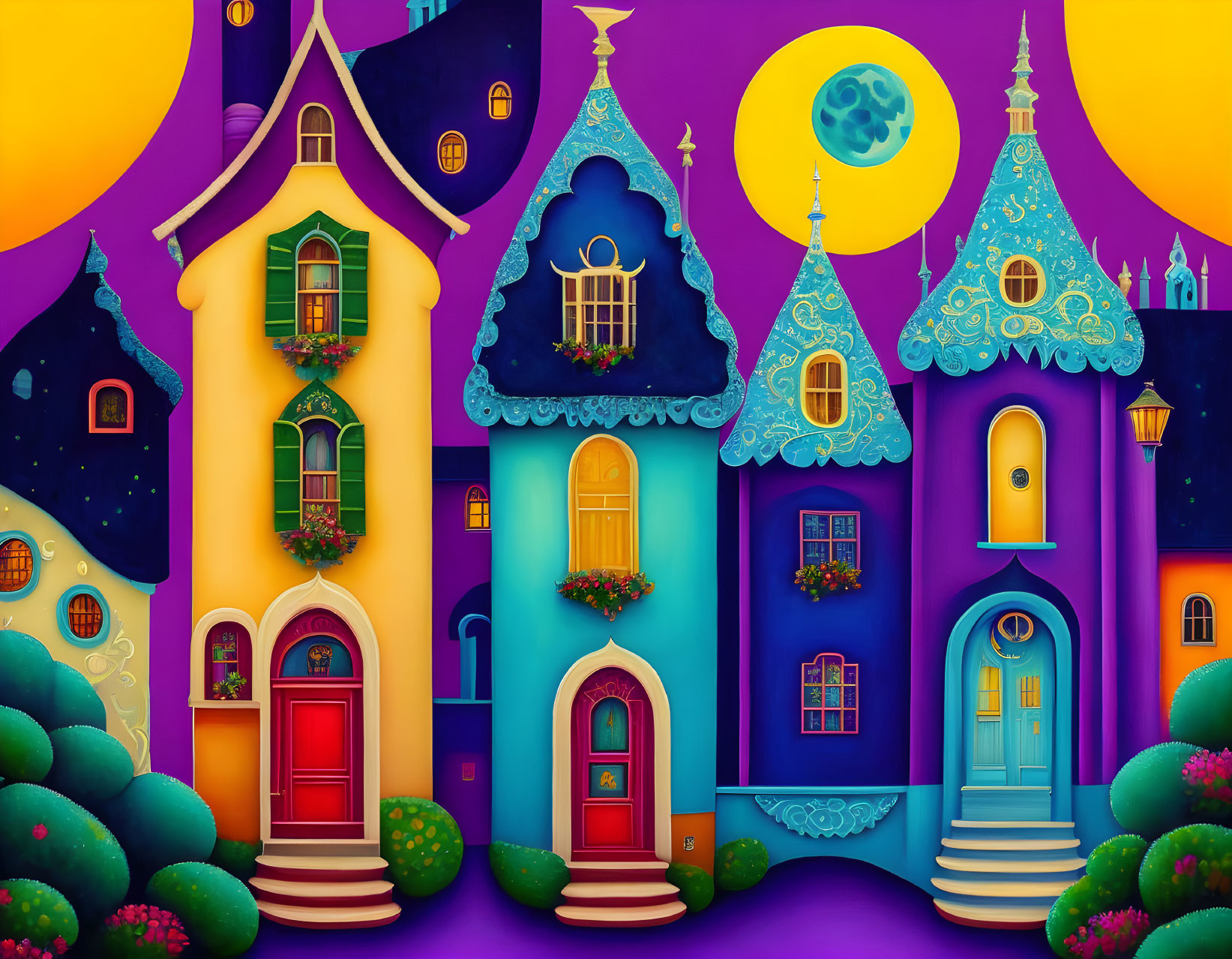 Colorful, whimsical houses with unique architecture under two moons in gradient sky