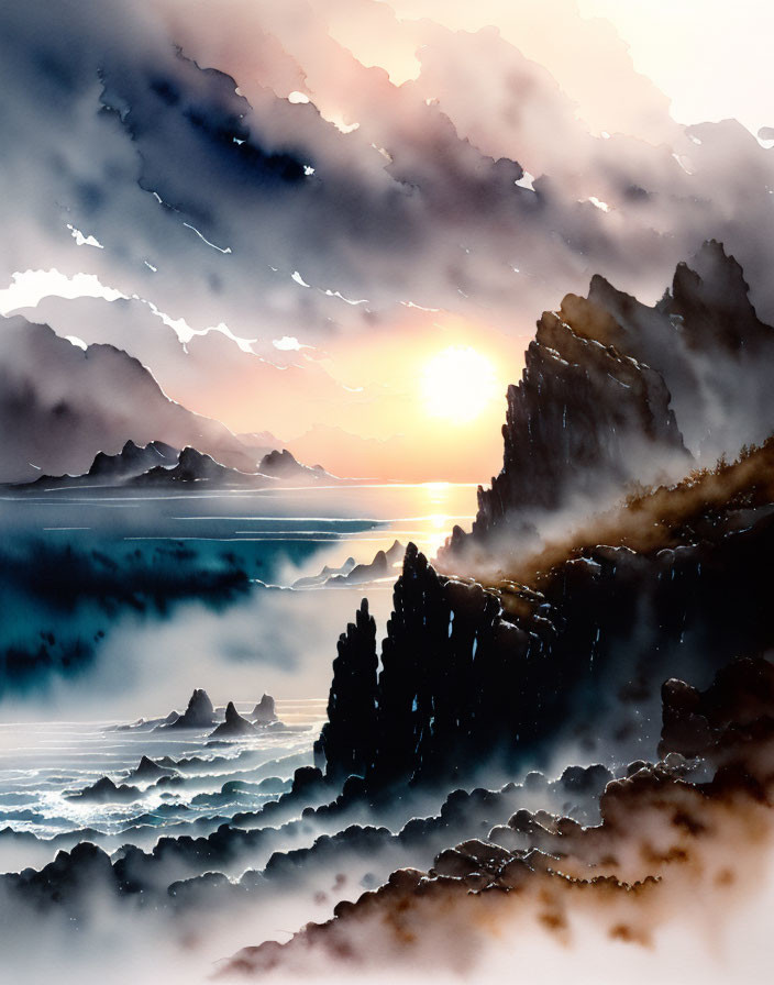 Misty seascape at sunset with rugged cliffs & layered clouds