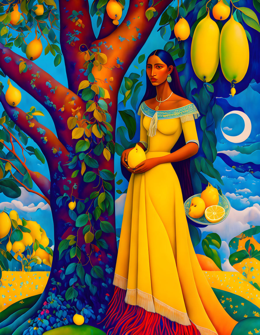 Colorful Illustration: Woman in Yellow Dress Under Fruit Tree