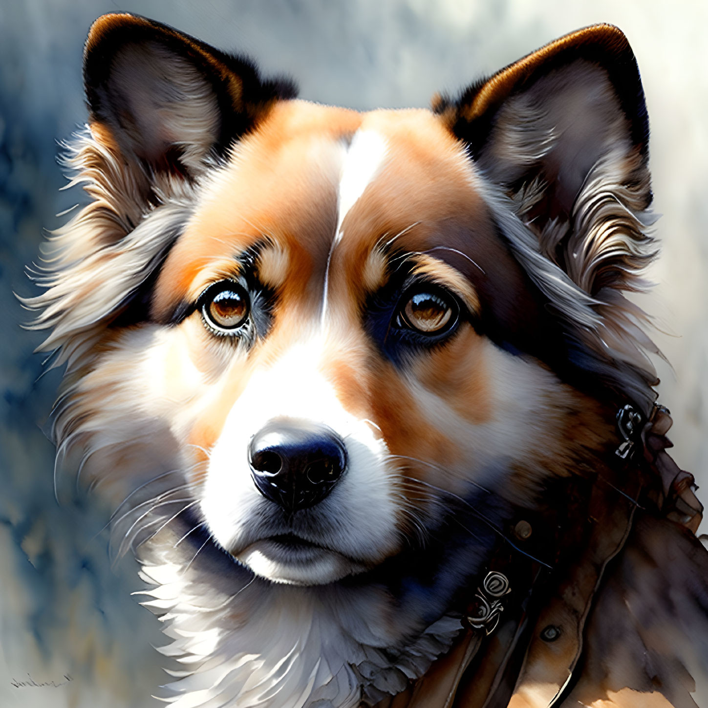 Tricolor Pembroke Welsh Corgi with soulful gaze and leather collar