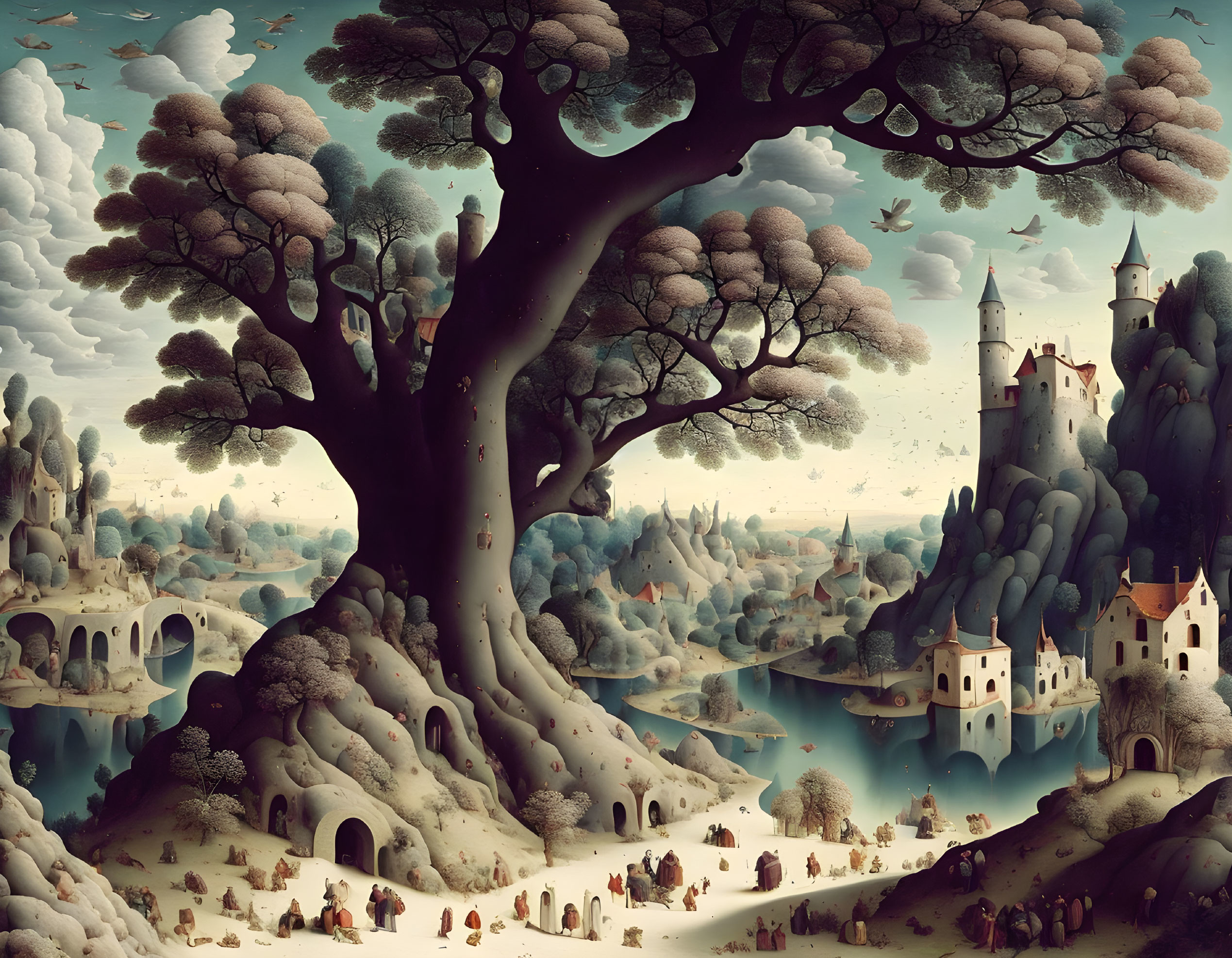 Enormous tree, castles, river in surreal landscape