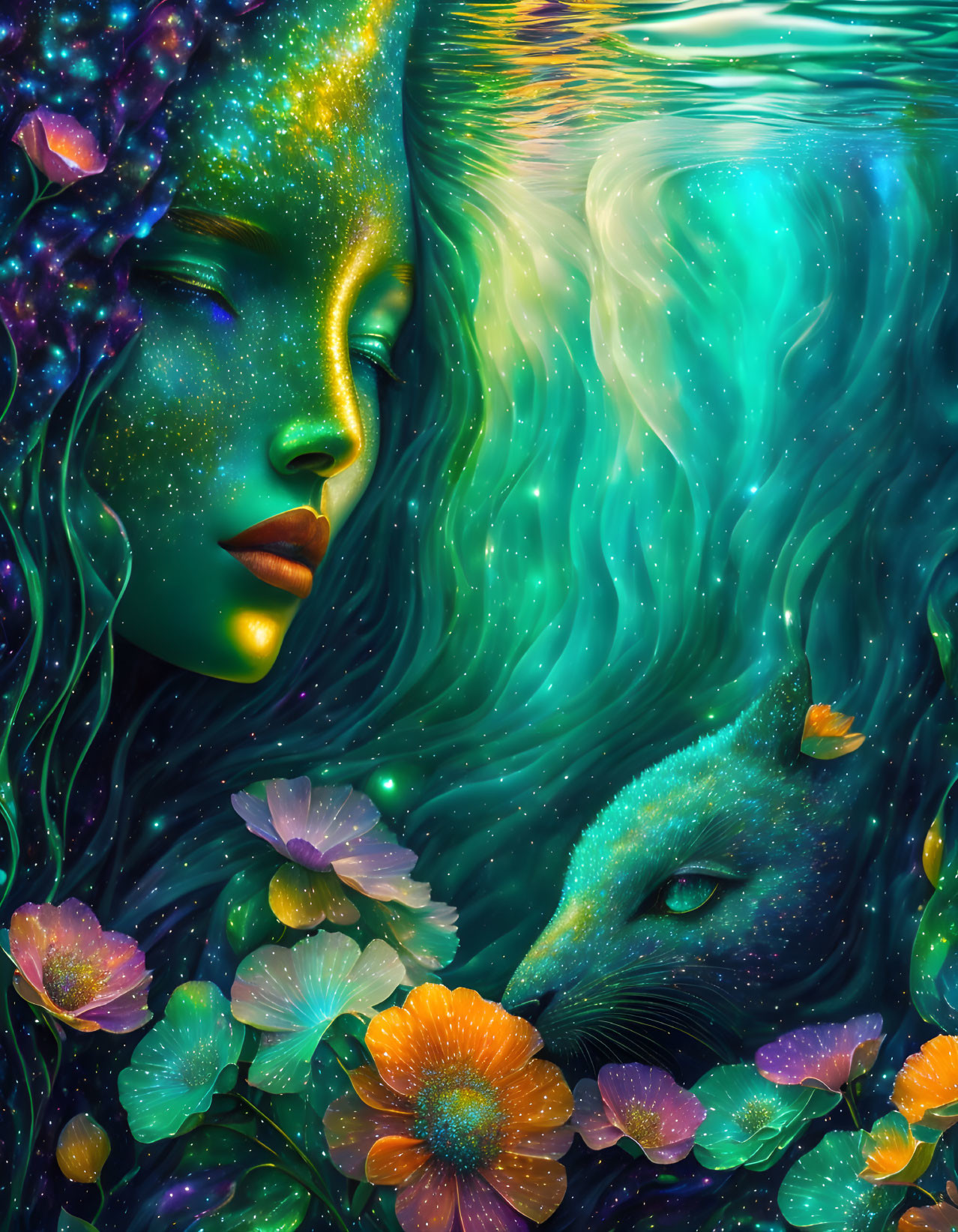 Digital artwork: Woman's face and wolf with cosmic elements, stars, flowers, and water ripples