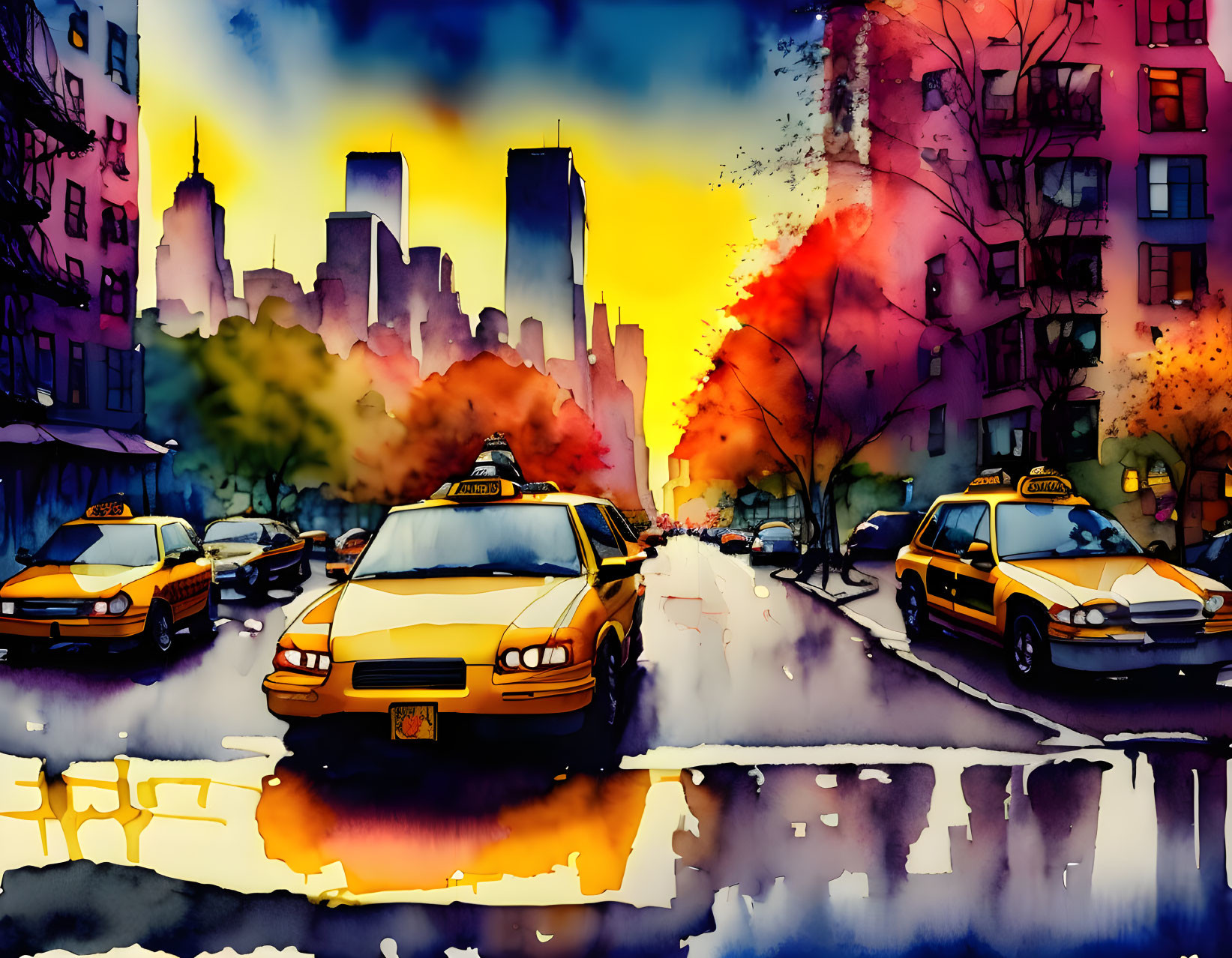 Vibrant cityscape with yellow taxis at sunset