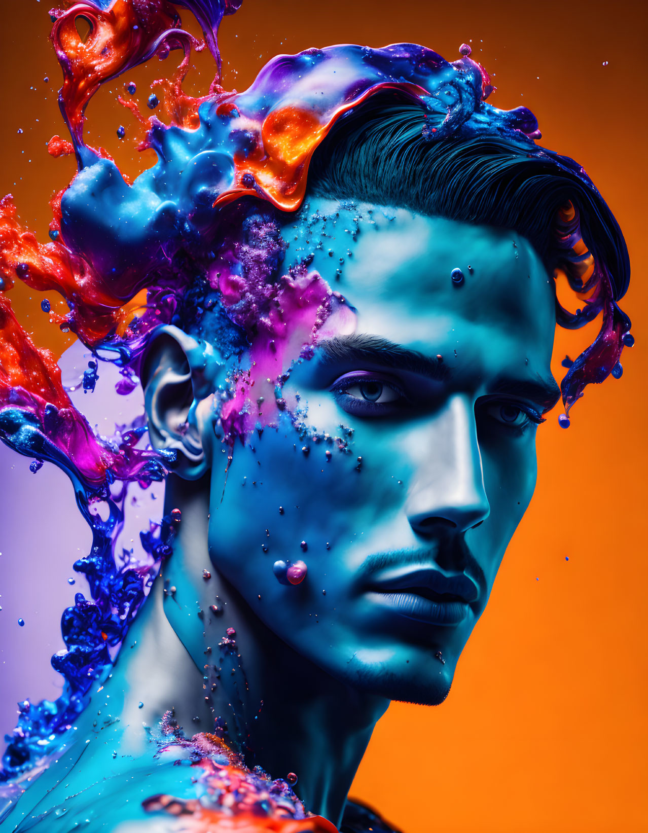 Man with Blue and Purple Liquid Splash Effect on Orange Background