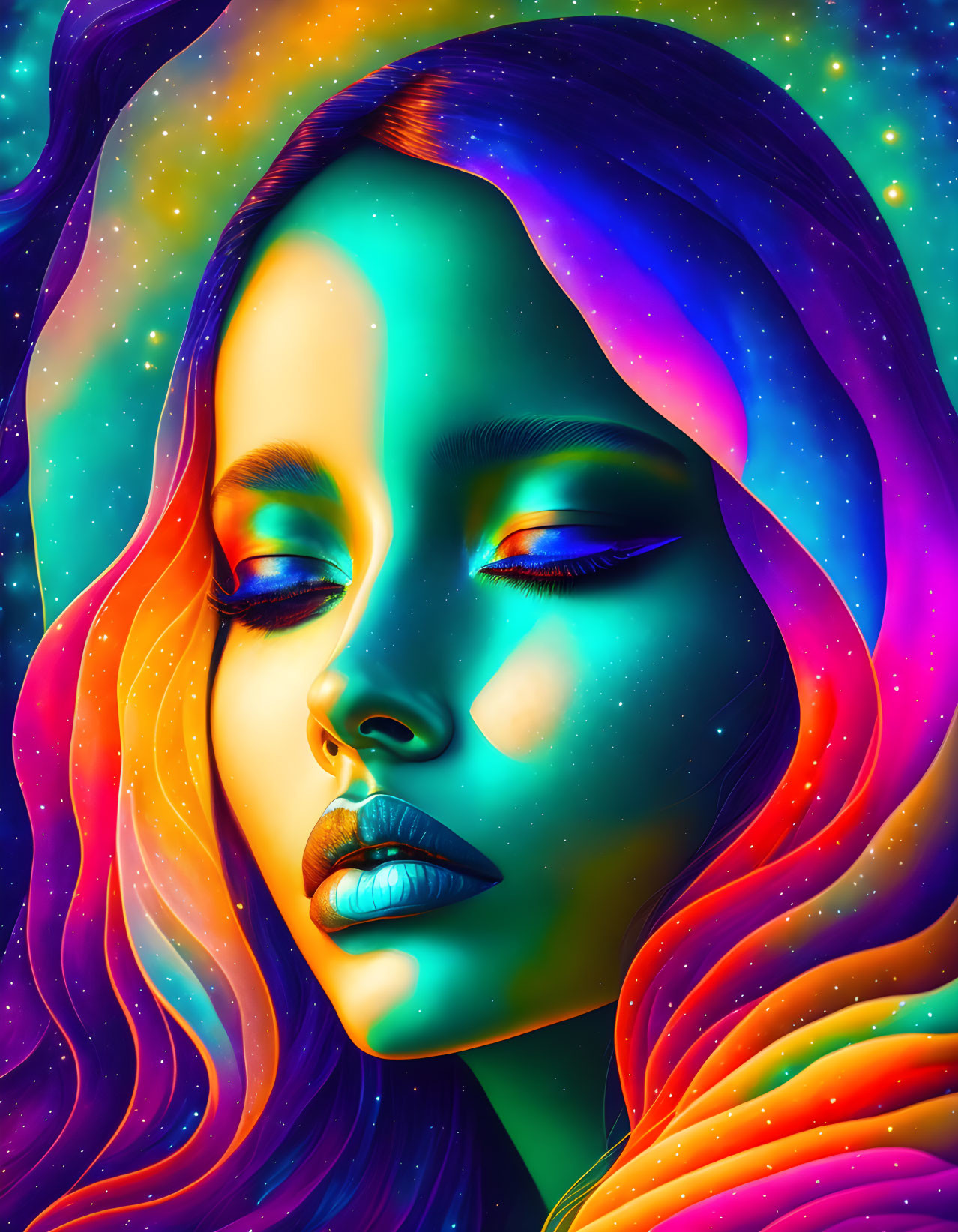 Colorful digital portrait of a woman with cosmic hair and starry background