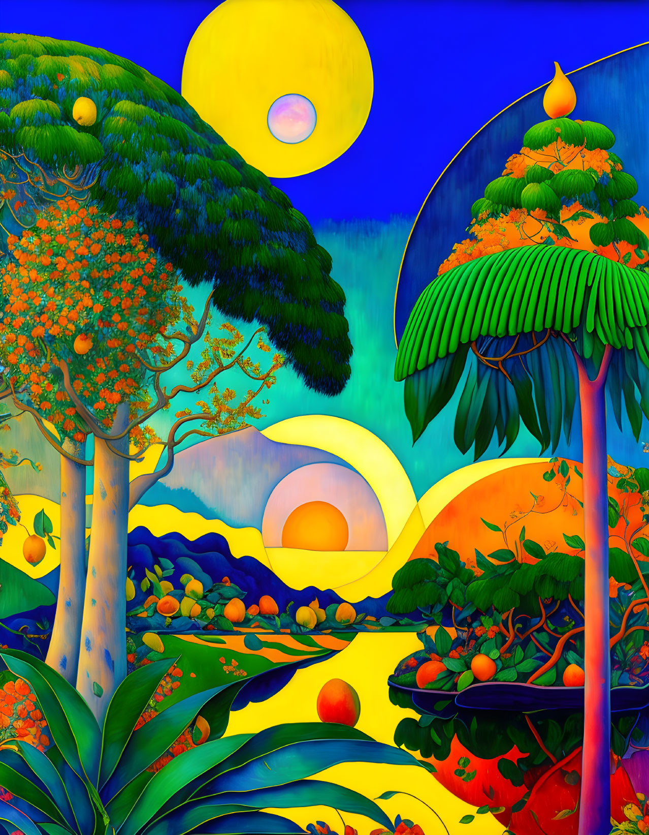 Surreal landscape with stylized trees and colorful hills