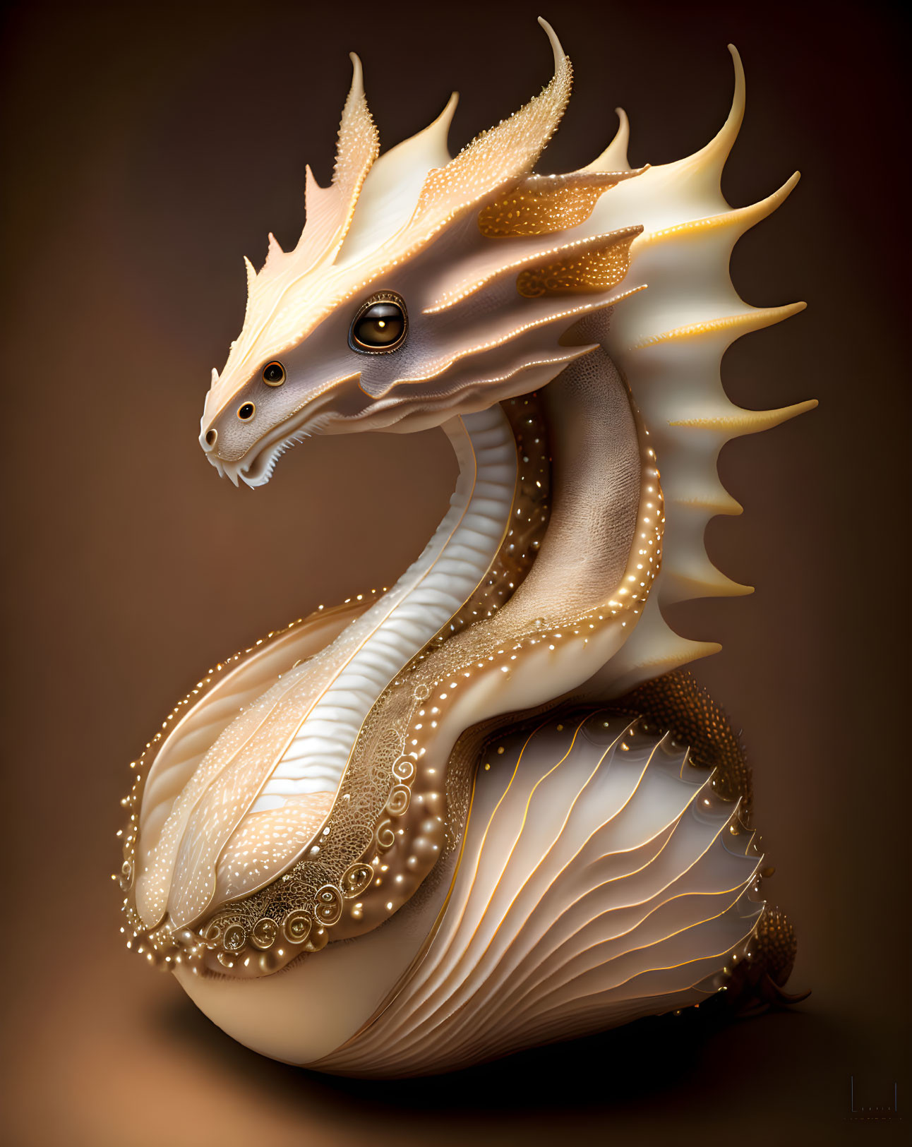 Detailed White Dragon with Golden Accents on Brown Background