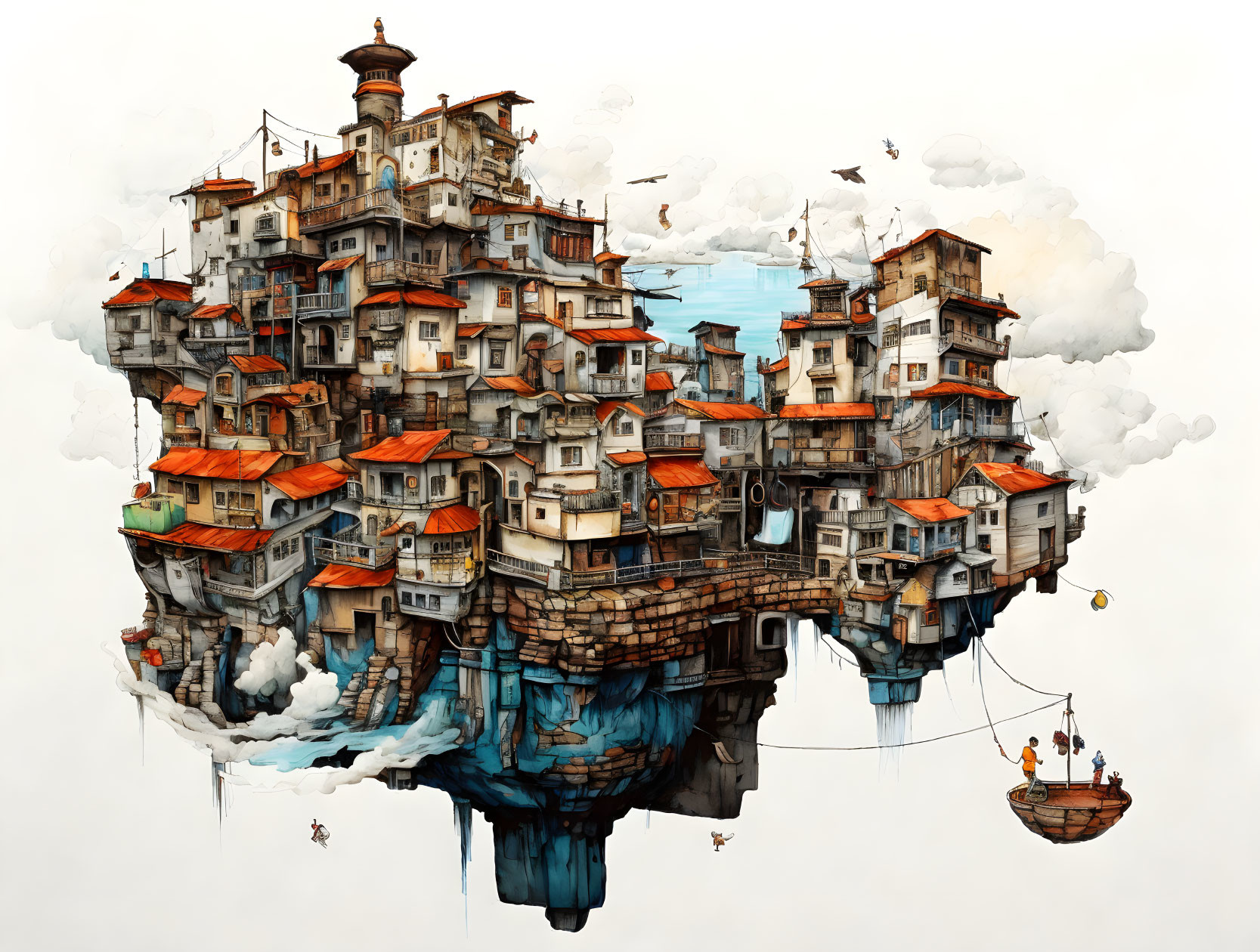 Fantastical floating island with ancient town houses, clouds, birds, and hanging ship.