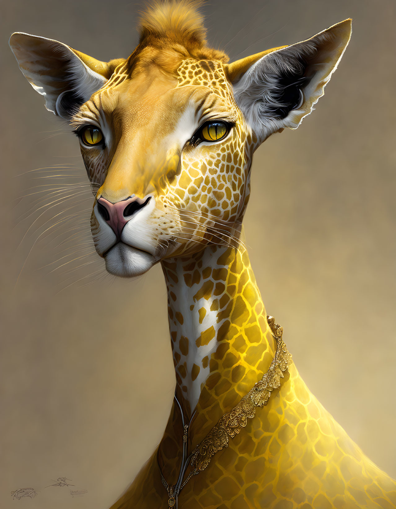 Anthropomorphic giraffe with human-like eyes and golden necklace