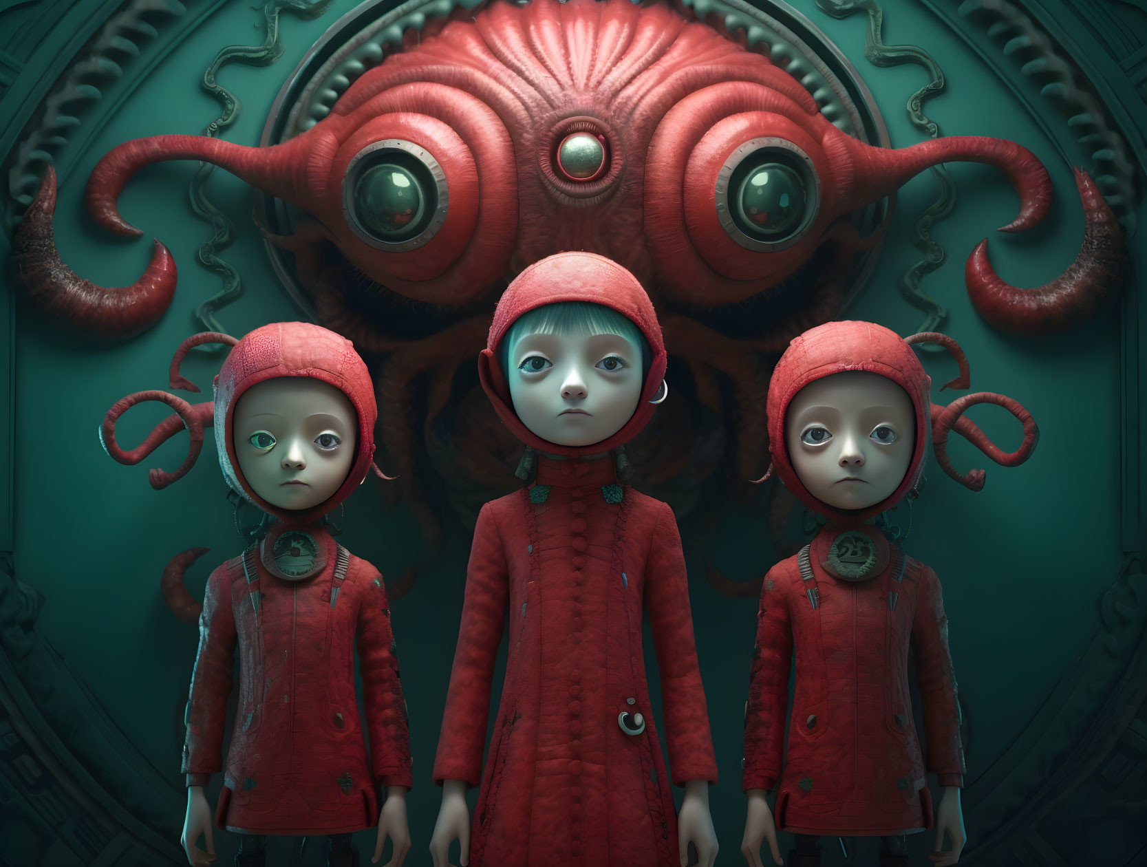 Three pale-faced children in red outfits with a monstrous red octopus.