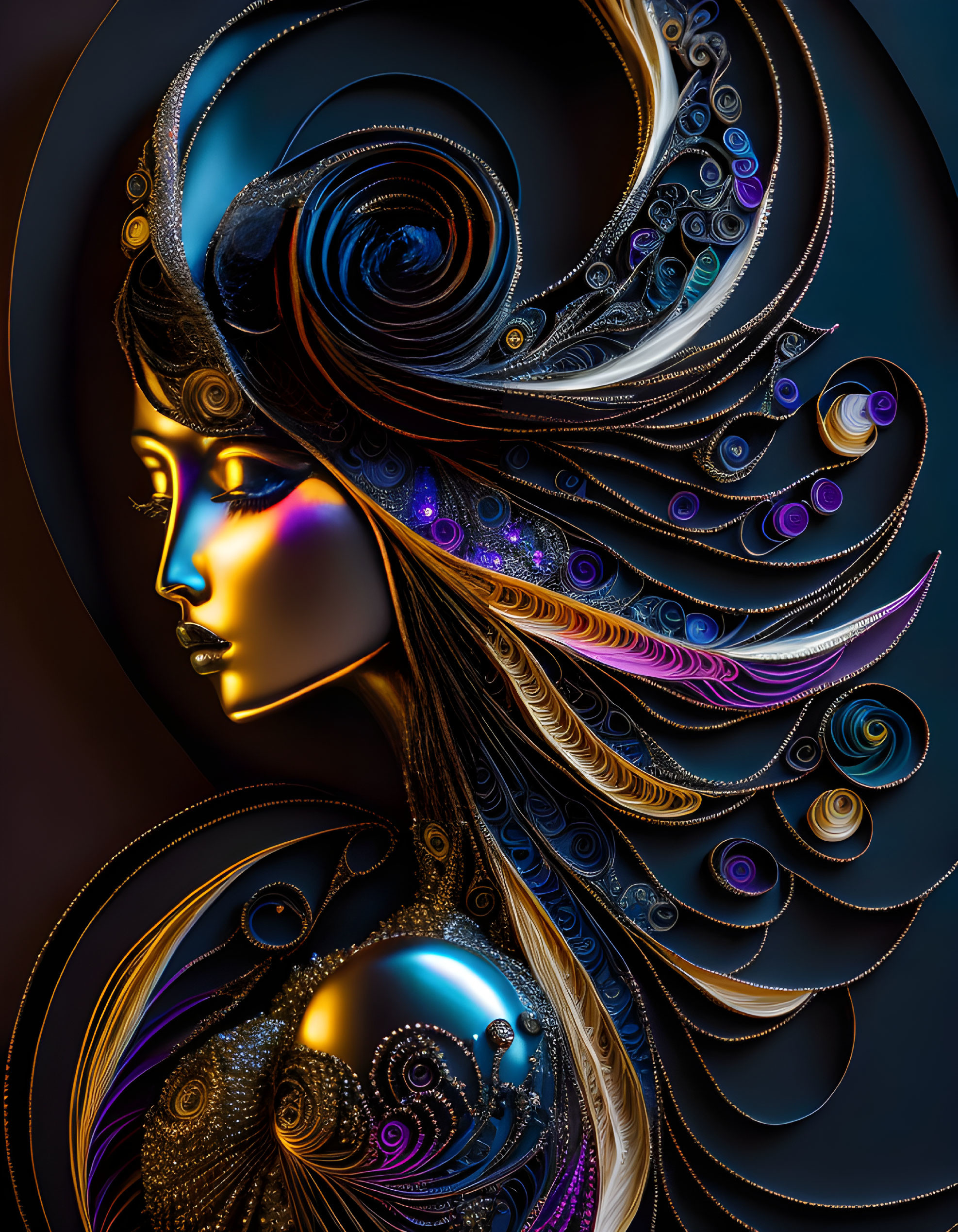 Stylized digital artwork: Female profile with metallic swirls