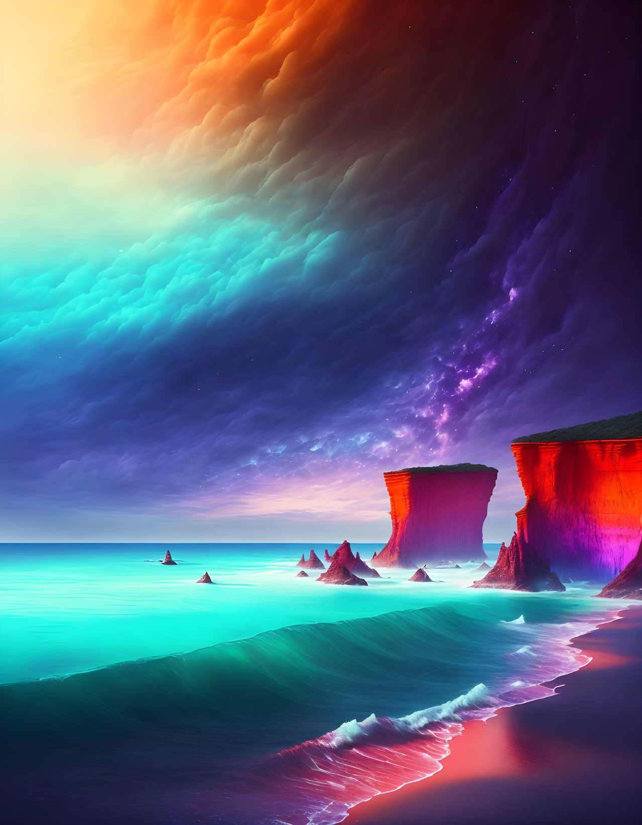 Colorful sky blending into emerald ocean with rock formations and glowing beach under gradient clouds