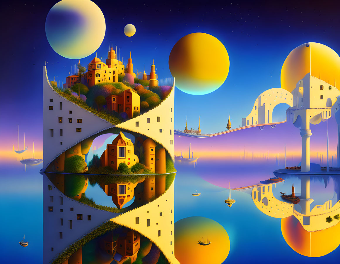 Surreal landscape: floating islands, castles, boats, starry sky, colorful planets