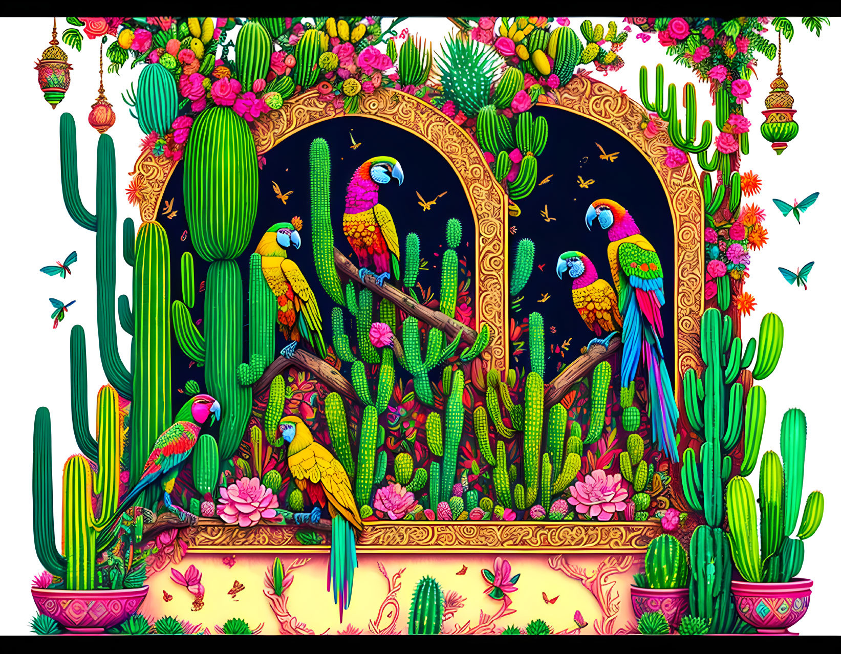 Vibrant parrots, hummingbirds, and flora on cacti in golden-framed artwork