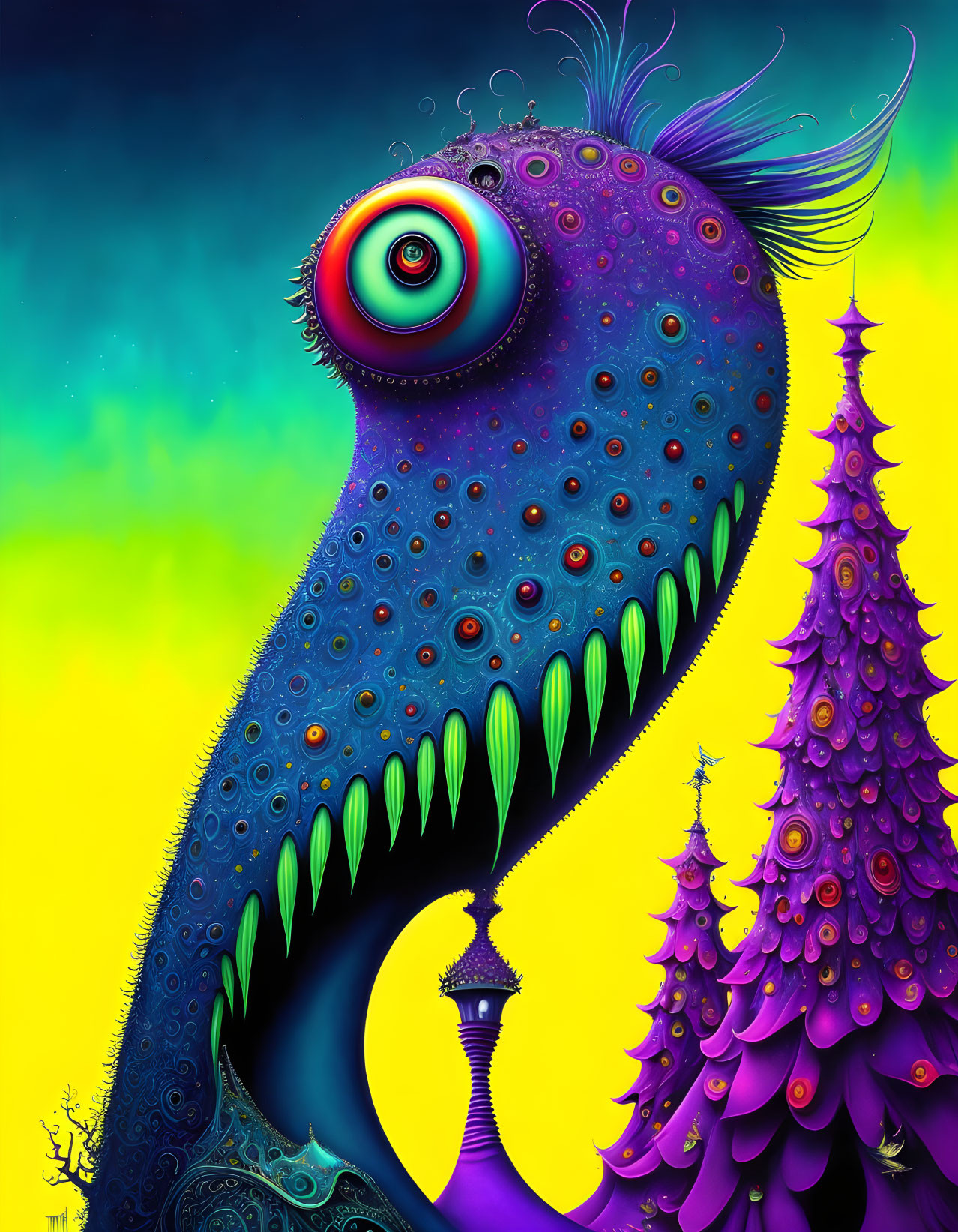 Vivid surreal creature with large eye and sharp teeth on vibrant background