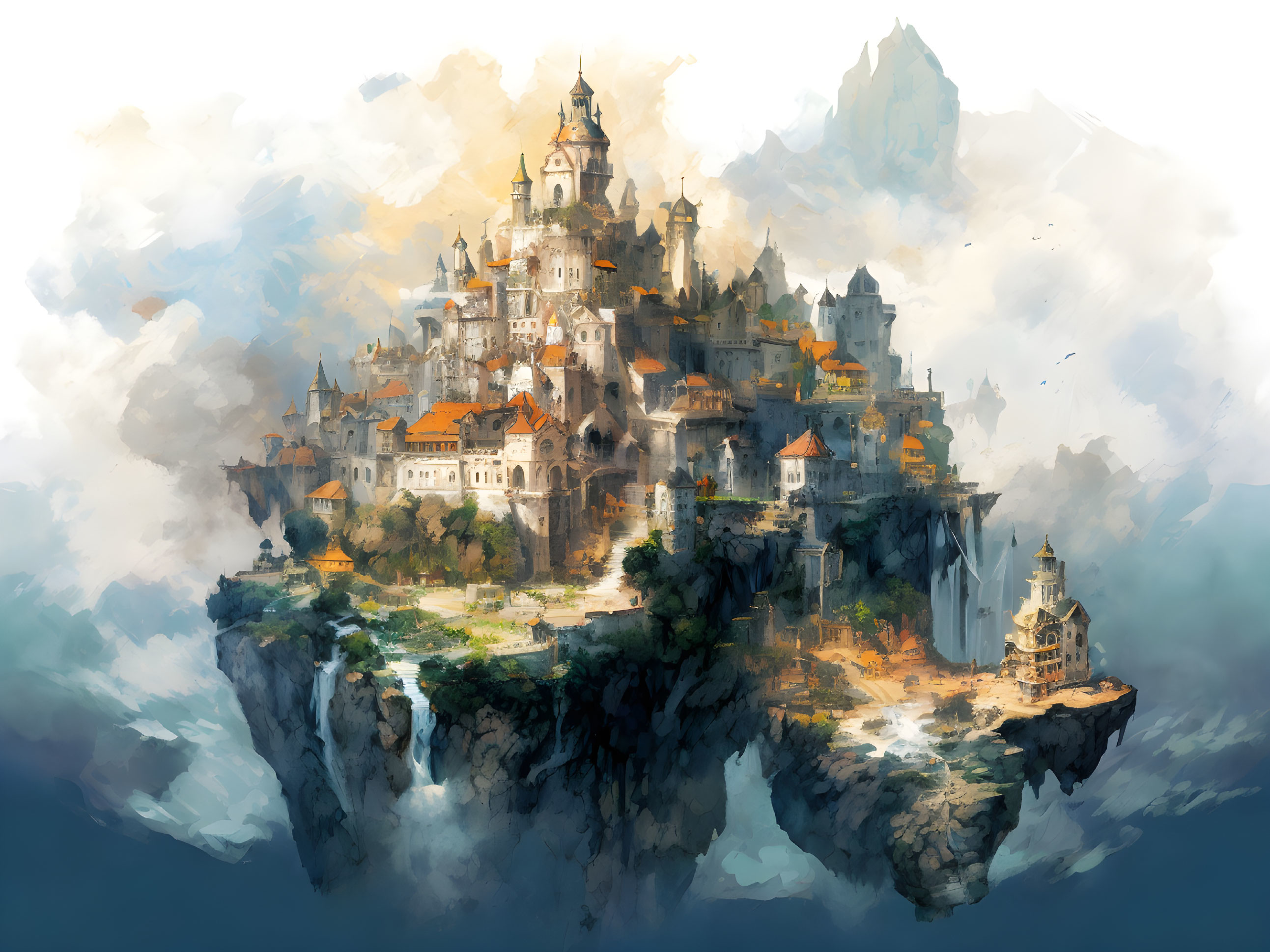 Fantastical cliffside castle with spires and towers, surrounded by clouds and mountains