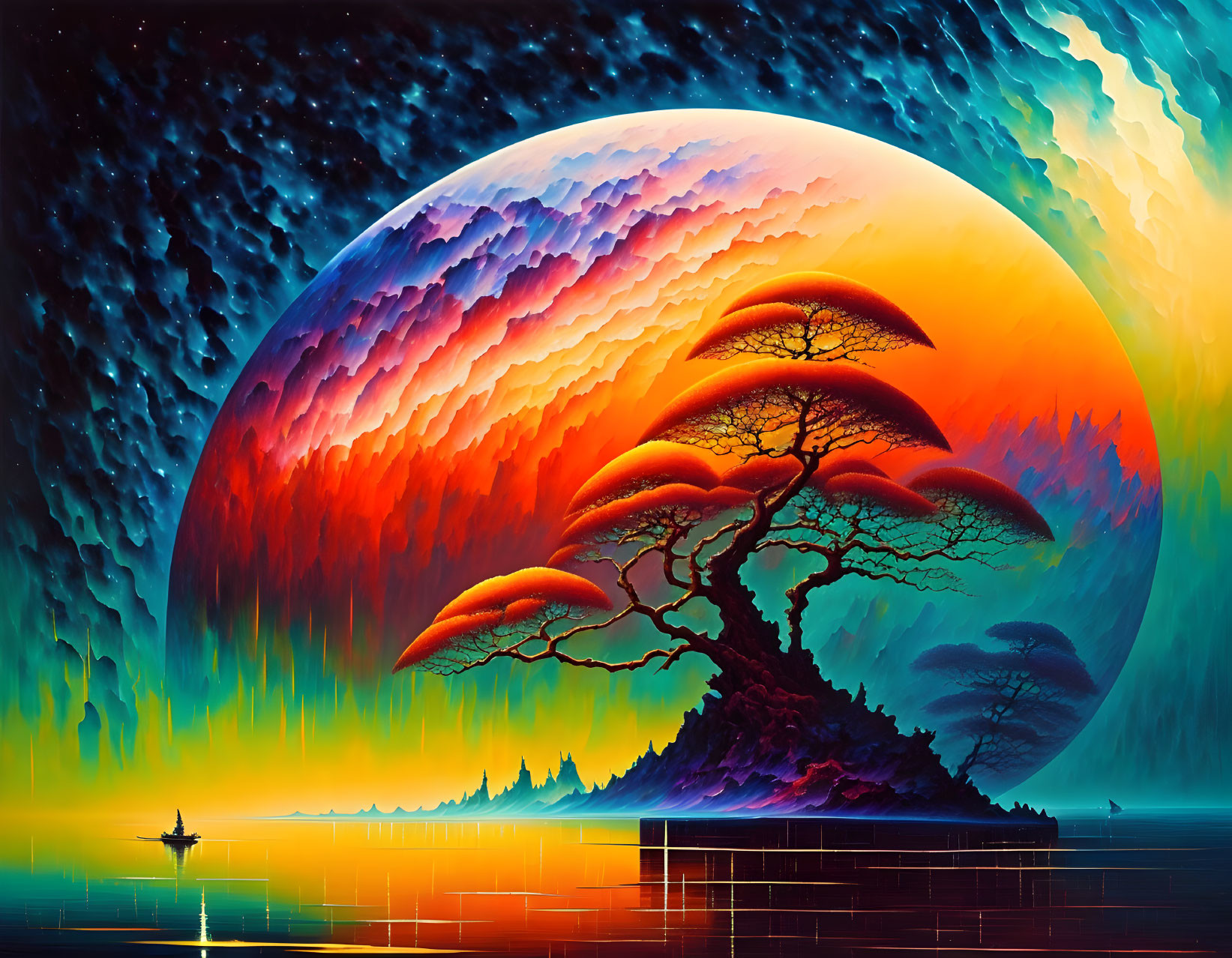 Colorful surreal landscape with massive planet, fiery trees, and lone boat