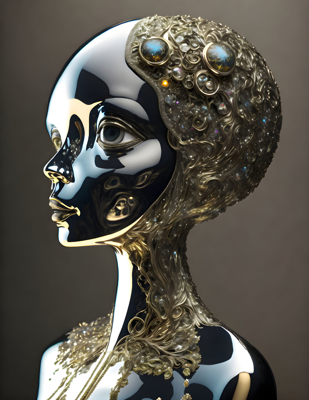 Surreal portrait of humanoid figure with black, white, gold, and jeweled accents