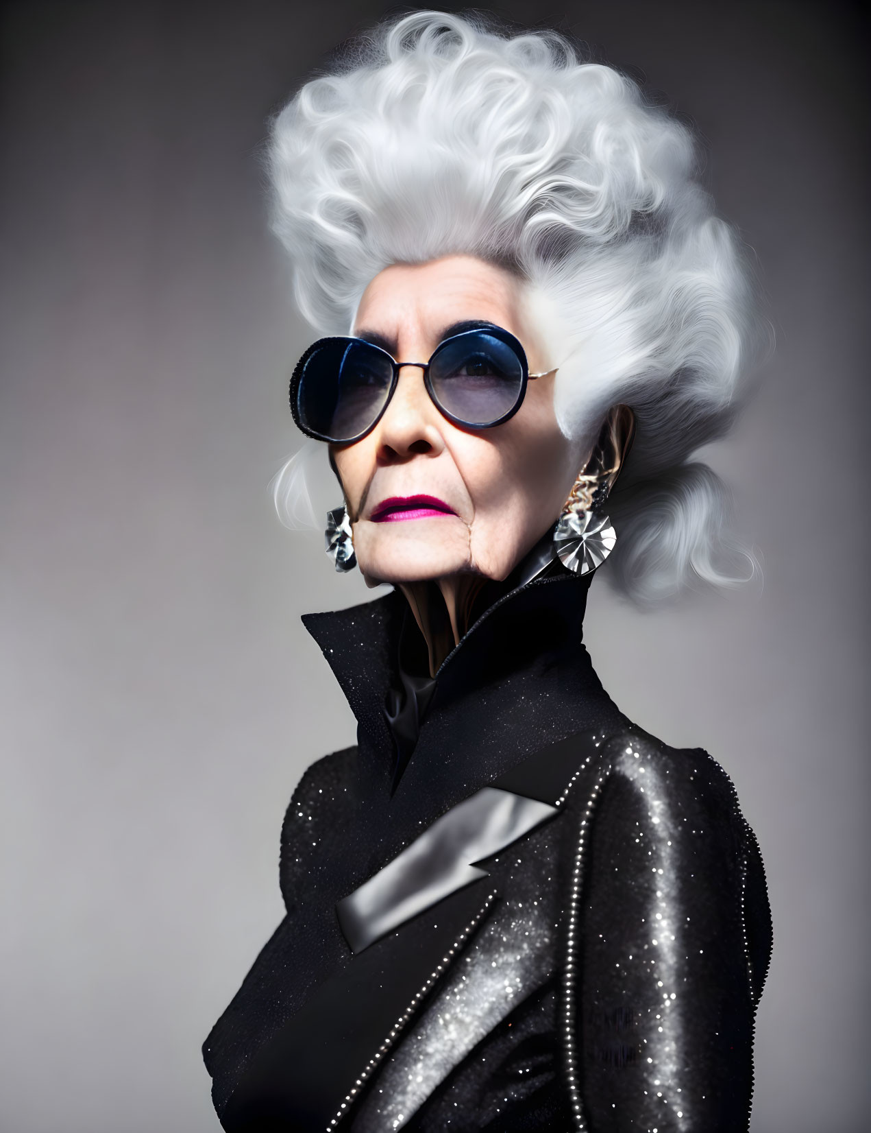 Stylish elderly woman with white hair in sunglasses and black outfit