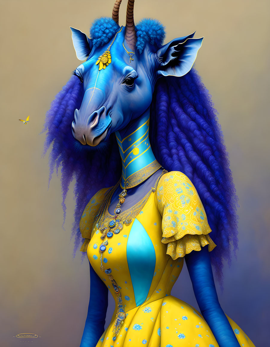 Anthropomorphic blue goat in ornate dress with butterfly on tan background