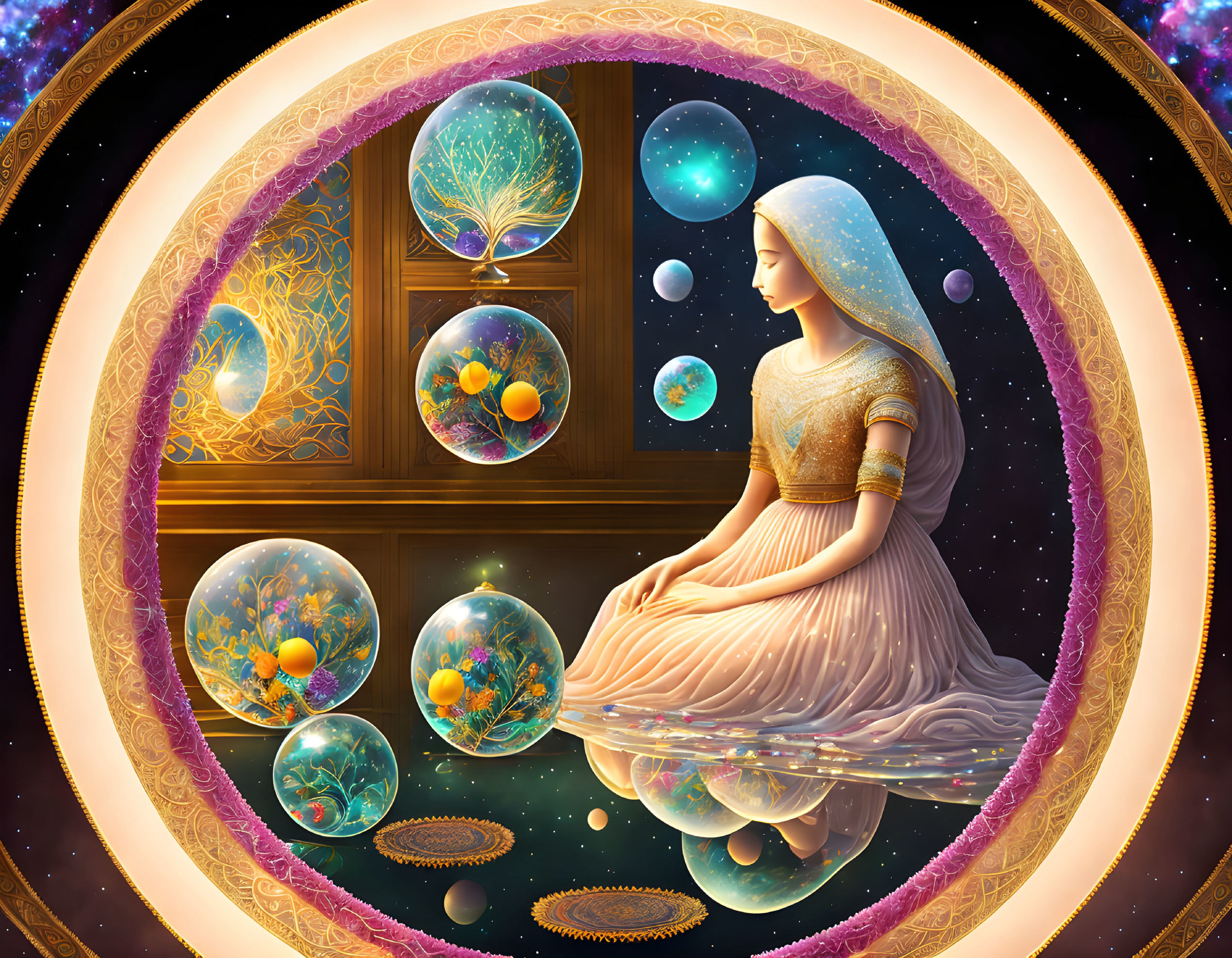 Surreal woman in flowing dress among cosmic spheres in circular frame