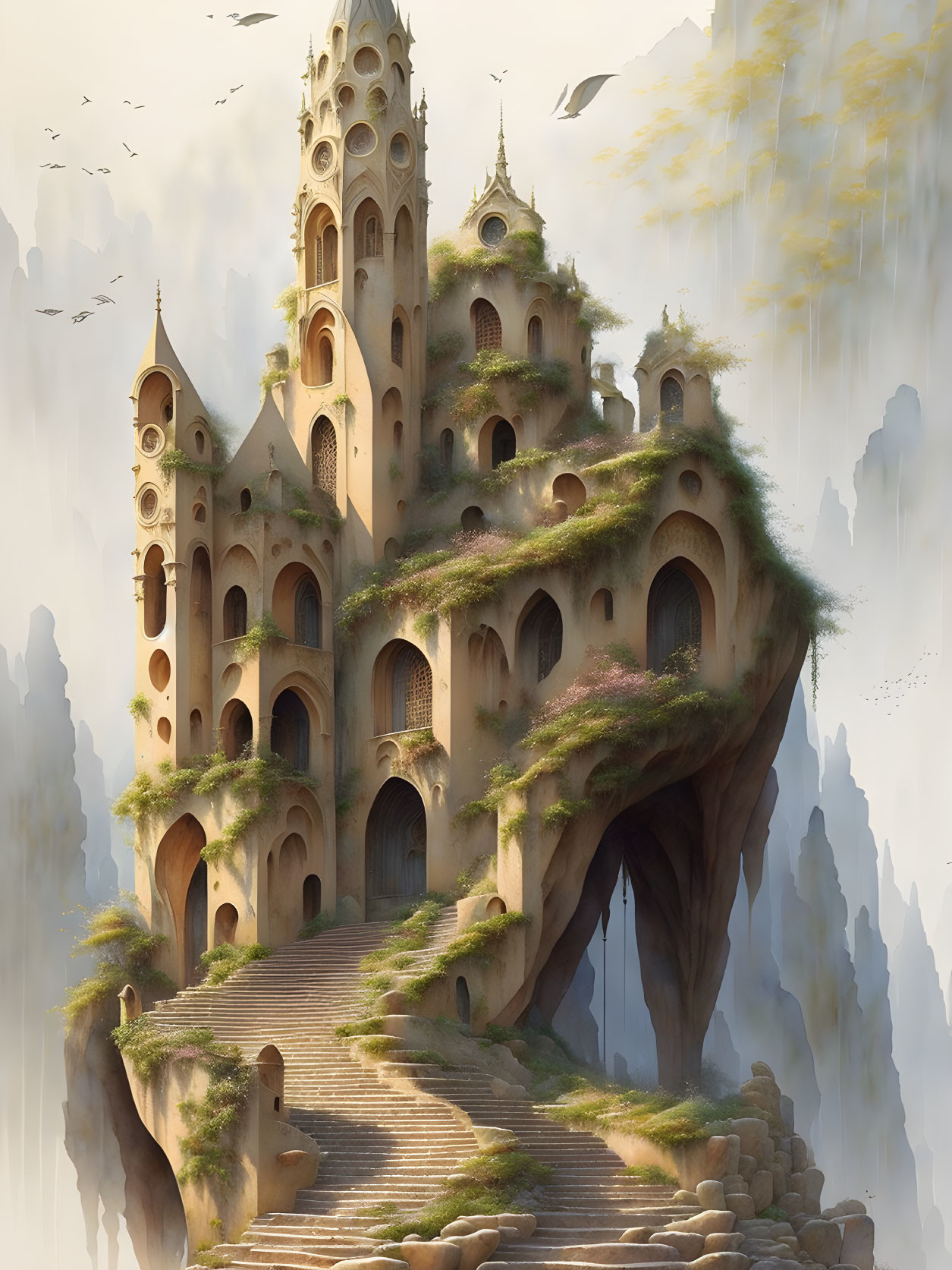 Fantastical castle on giant tree stump in misty mountains