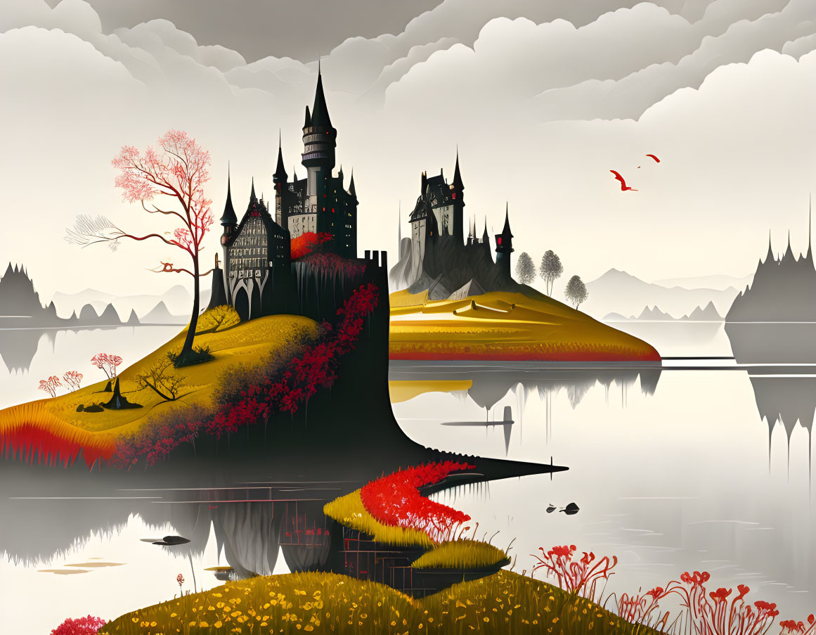 Fantasy landscape illustration with castles, autumn trees, lake, mountains, and cloudy sky