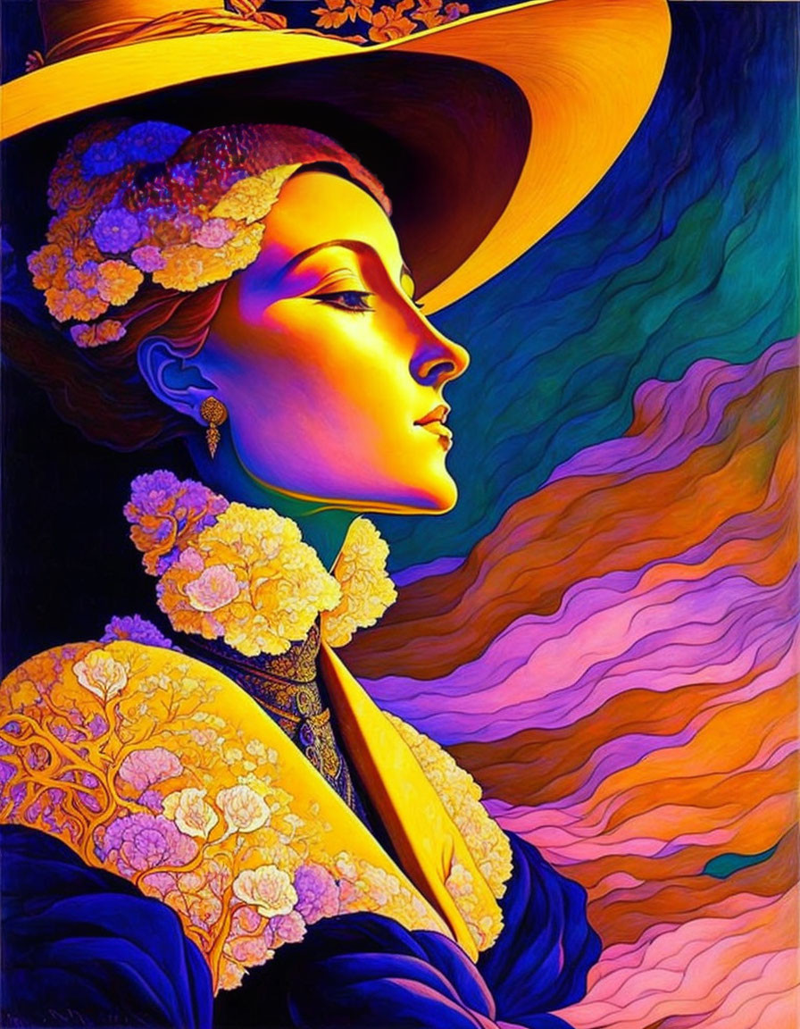 Colorful Stylized Portrait of Woman with Decorative Hat and Flowers