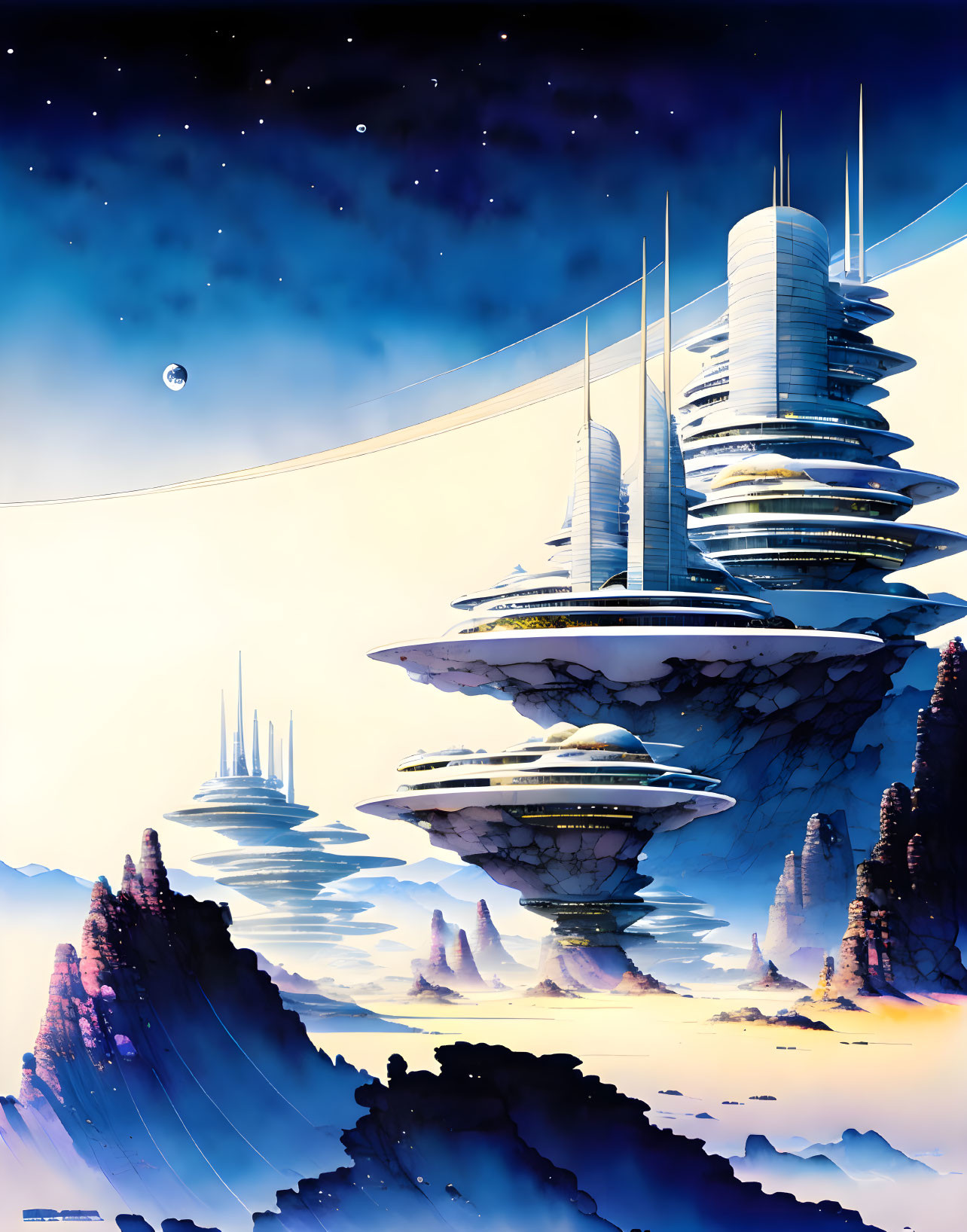 Futuristic cityscape with floating towers over mountainous backdrop