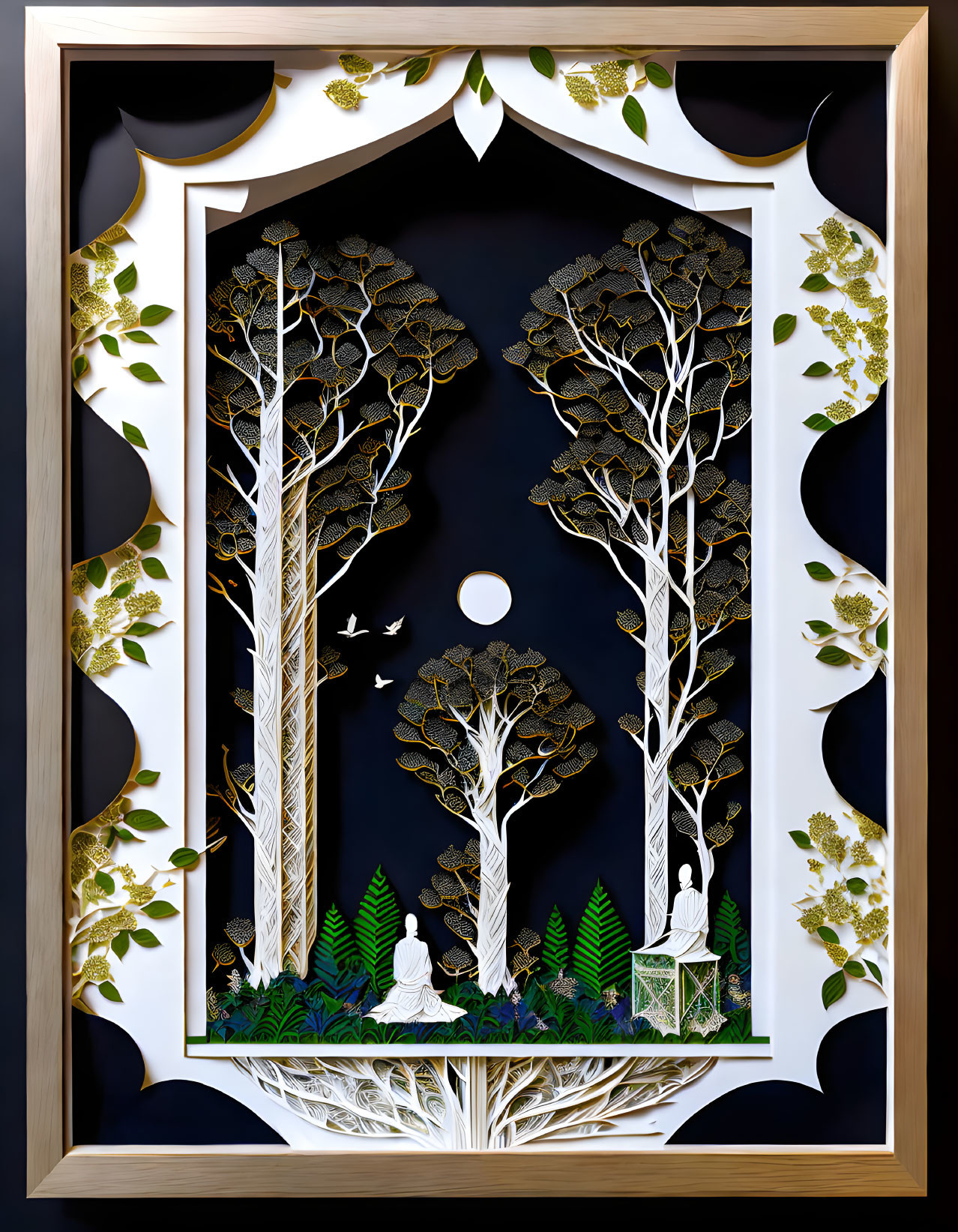 Intricate Paper Art: Forest Scene with Moon, Trees, Birds, and Contemplative Figure