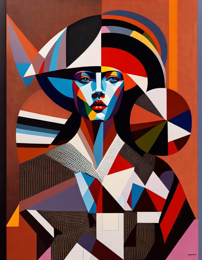 Abstract geometric painting of stylized woman with sharp lines and shapes