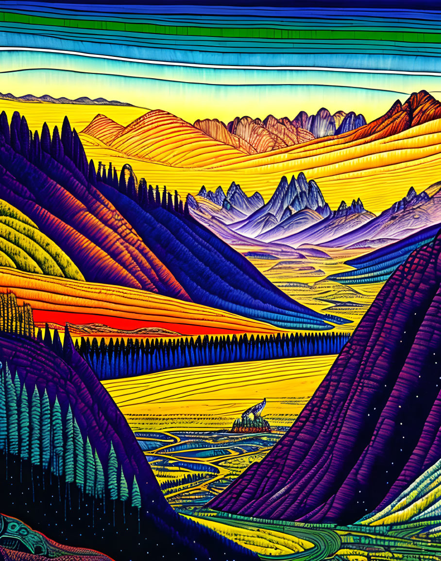 Colorful Stylized Landscape with Rolling Hills and Figure