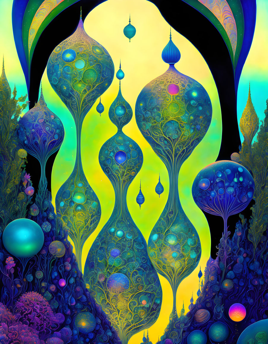 Colorful surreal landscape with stylized teardrop trees and arch.