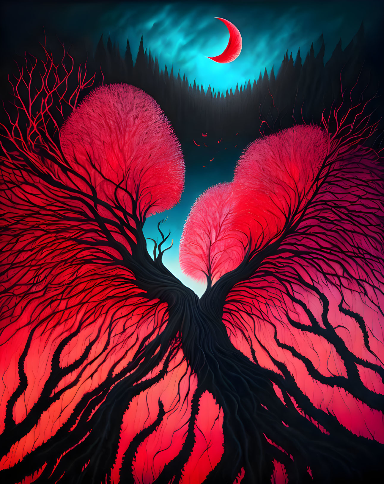 Artwork featuring intertwined red leaf trees under crescent moon