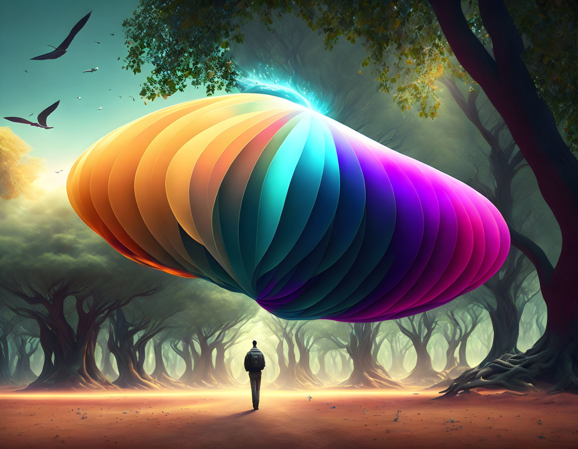 Person gazes at colorful shell-shaped object in forest with birds and light piercing fog