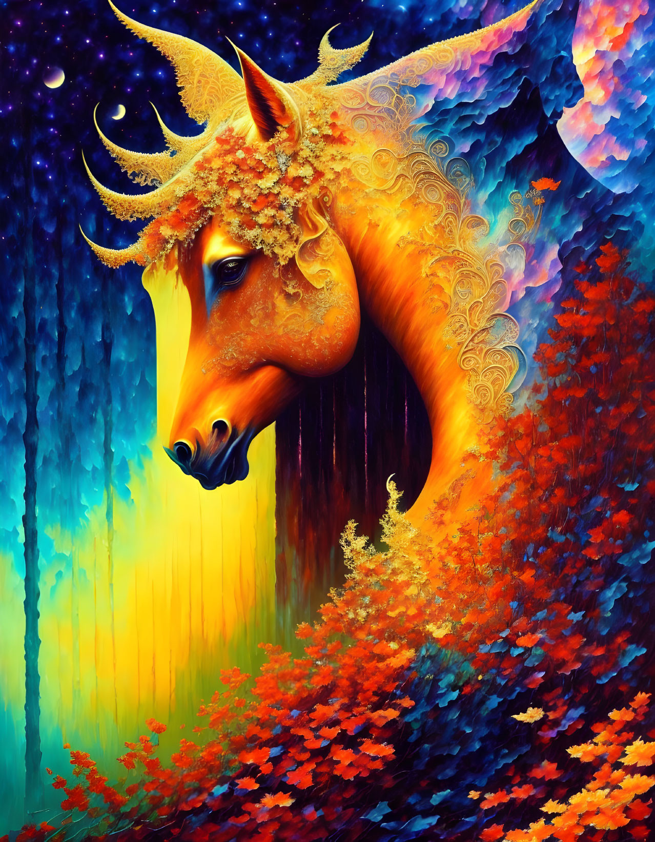 Colorful mythical horse with golden mane in vibrant forest under swirling sky