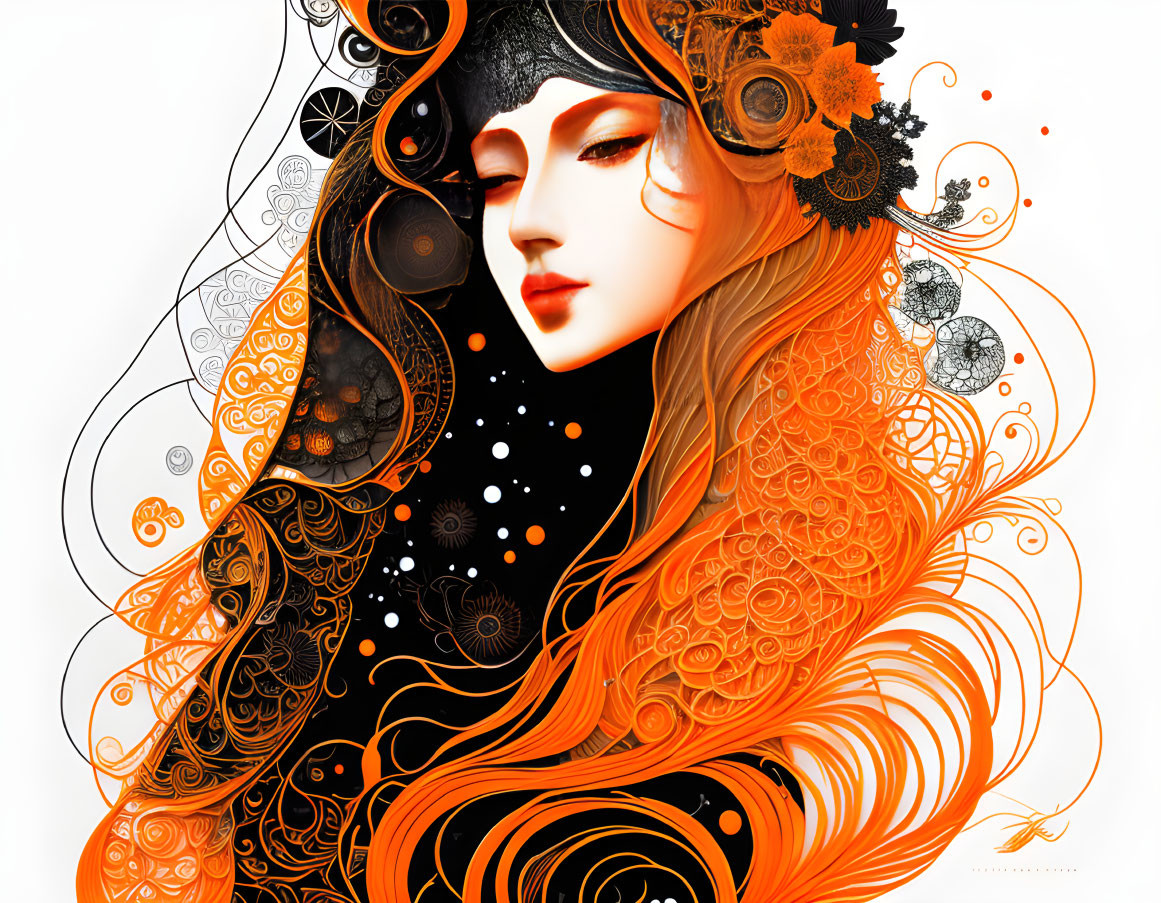 Stylized orange hair with floral patterns on woman illustration